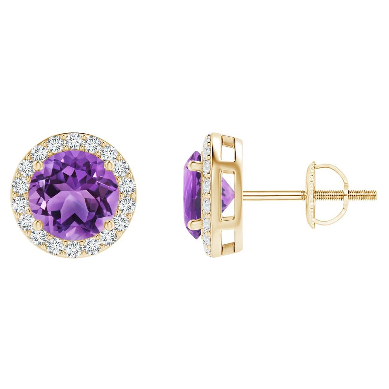 Natürliche natürliche Vintage Runde 1,6 Karat Amethyst-Halo-Ohrstecker aus 14K Gelbgold