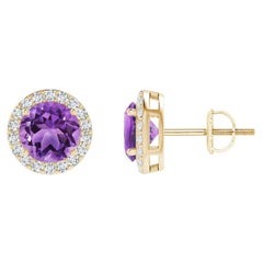 Natürliche natürliche Vintage Runde 1,6 Karat Amethyst-Halo-Ohrstecker aus 14K Gelbgold