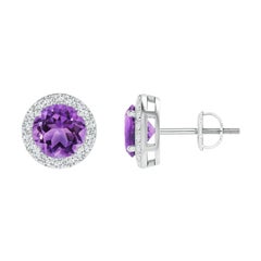 Boucles d'oreilles en platine avec améthyste ronde de 1,6 ct.