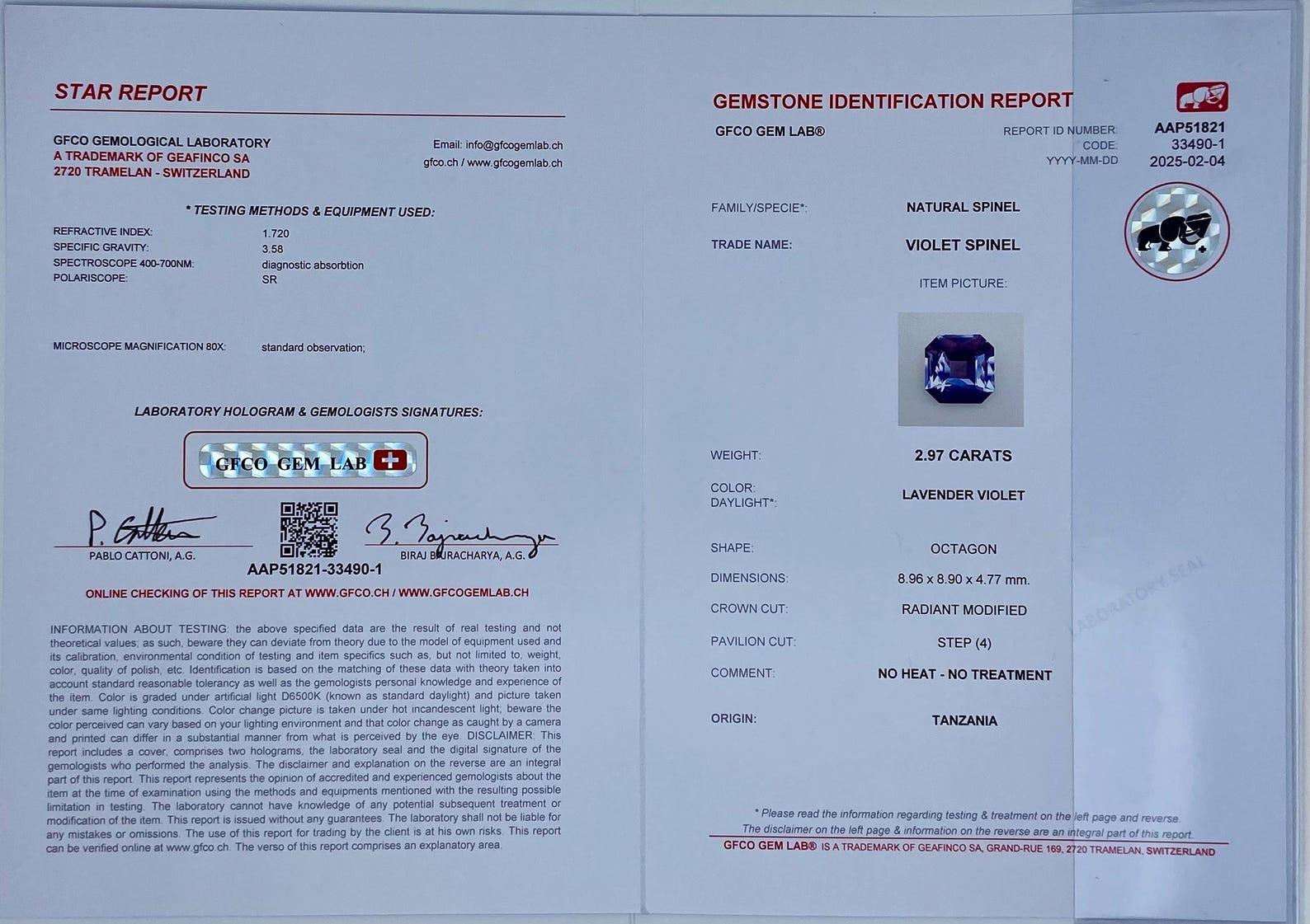 Gemma sciolta Nature Violet Spinel 2,97 ct, Alta qualità, Certificato Tanzania in vendita 1