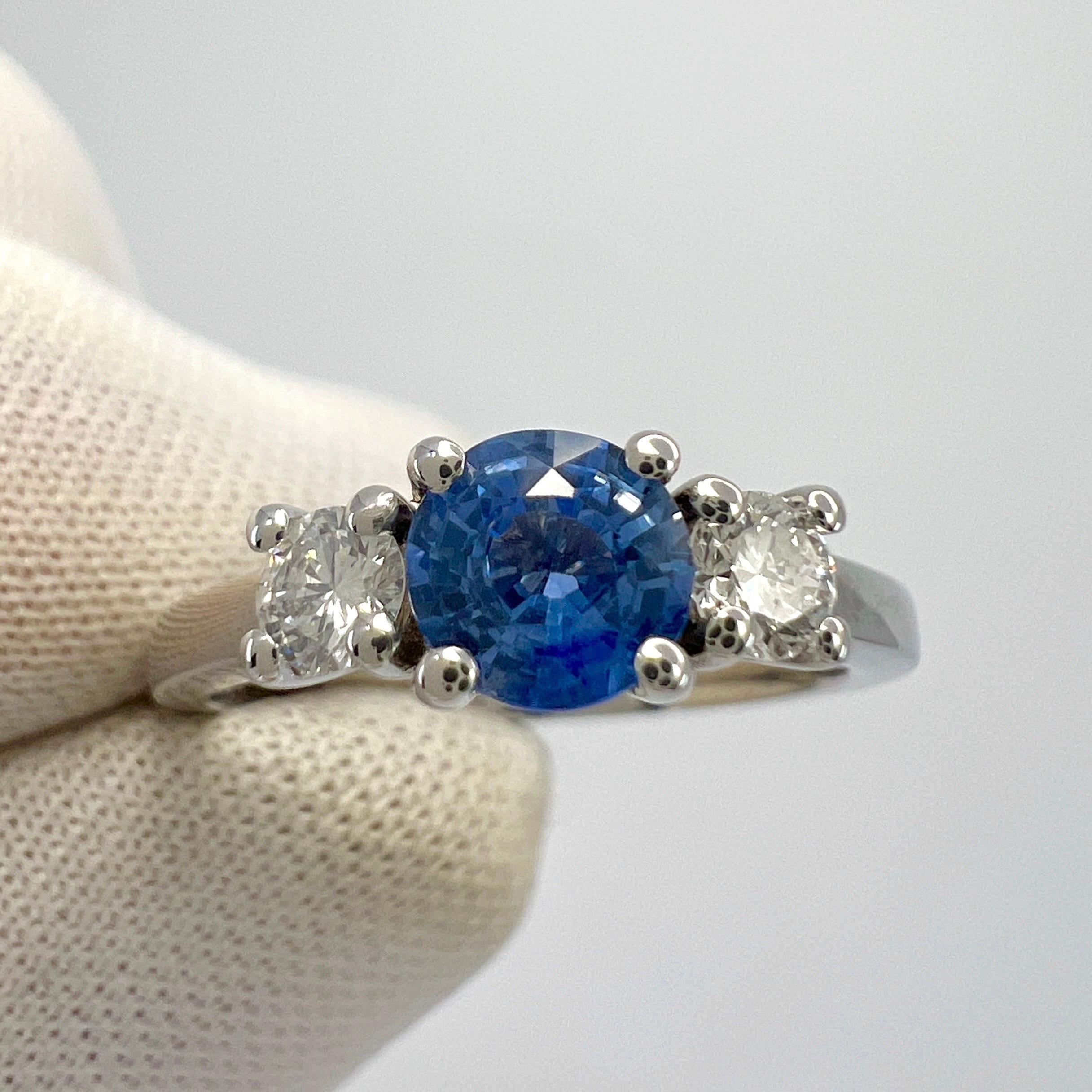 Natural Vivid Blue Round Ceylon Sapphire & Diamond White Gold Three Stone Ring For Sale 5