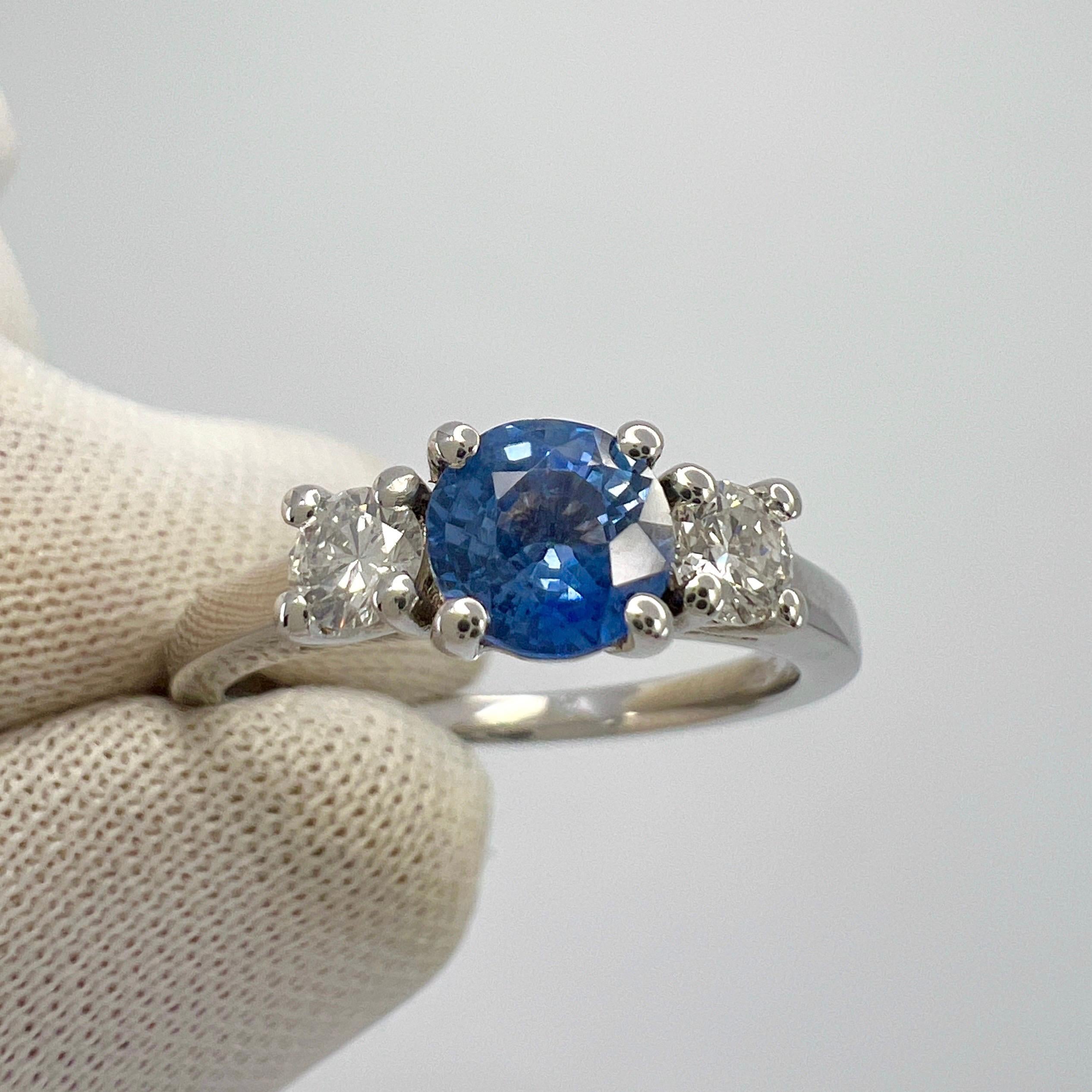 Natural Vivid Blue Round Ceylon Sapphire & Diamond White Gold Three Stone Ring For Sale 6