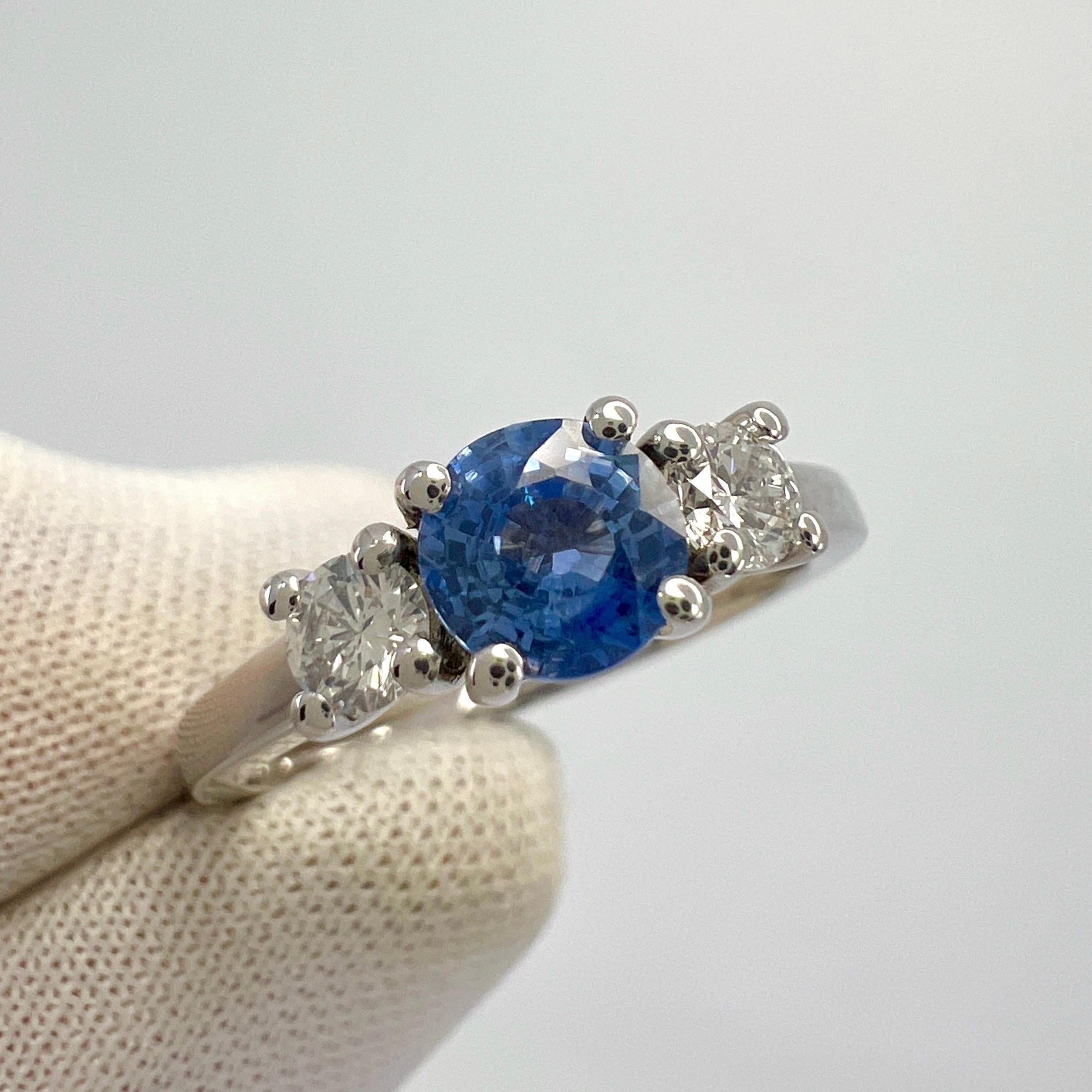 Round Cut Natural Vivid Blue Round Ceylon Sapphire & Diamond White Gold Three Stone Ring For Sale