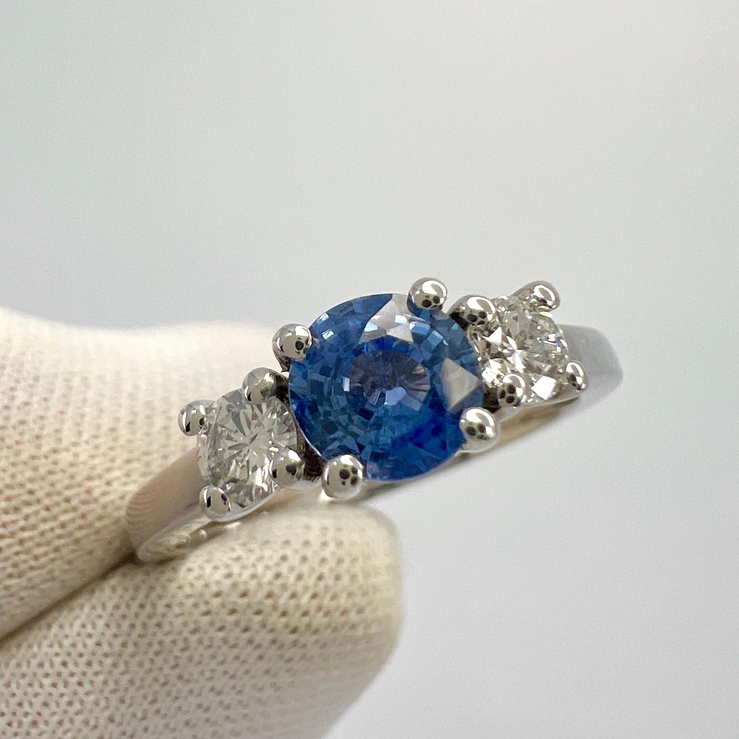 Women's or Men's Natural Vivid Blue Round Ceylon Sapphire & Diamond White Gold Three Stone Ring For Sale