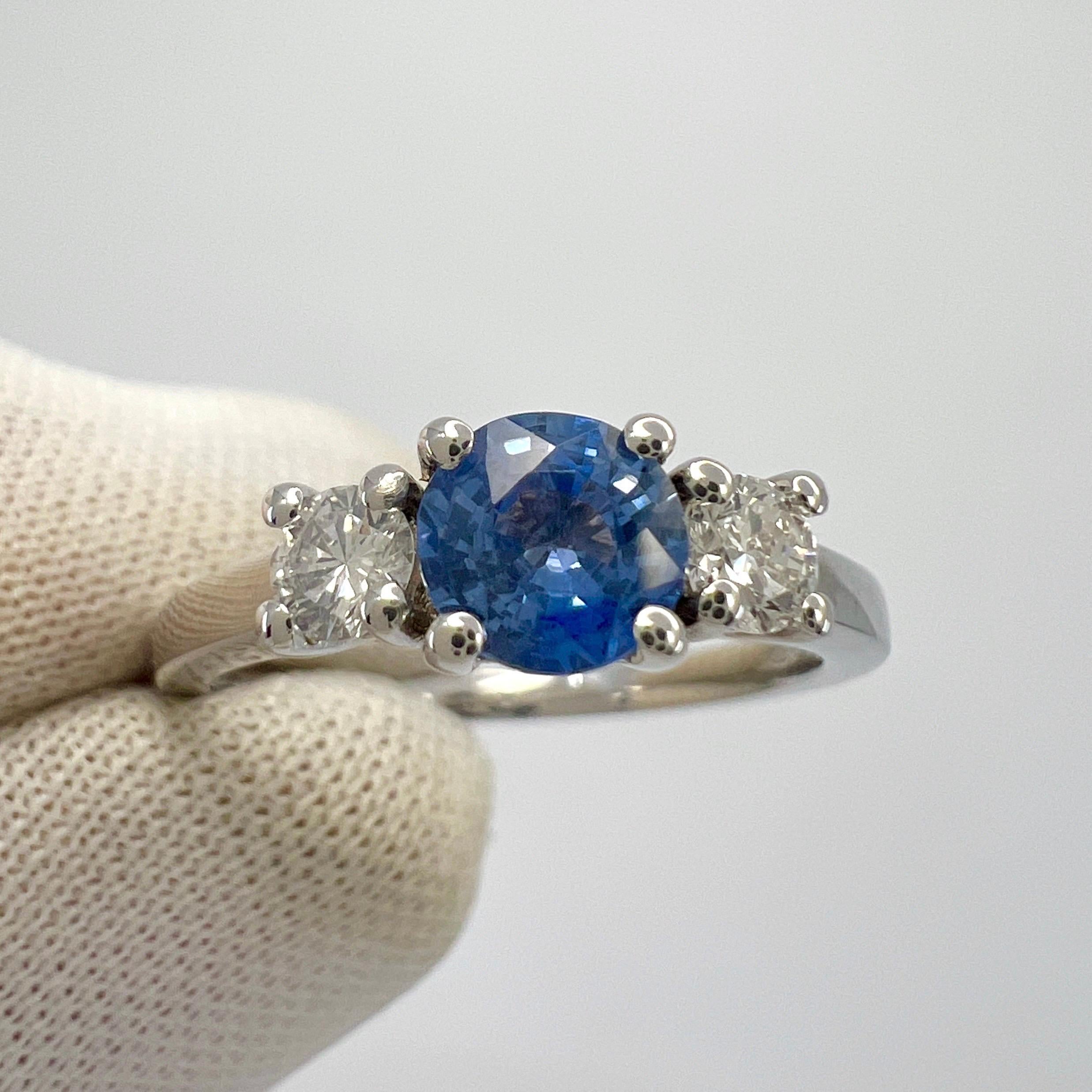 Natural Vivid Blue Round Ceylon Sapphire & Diamond White Gold Three Stone Ring For Sale 1