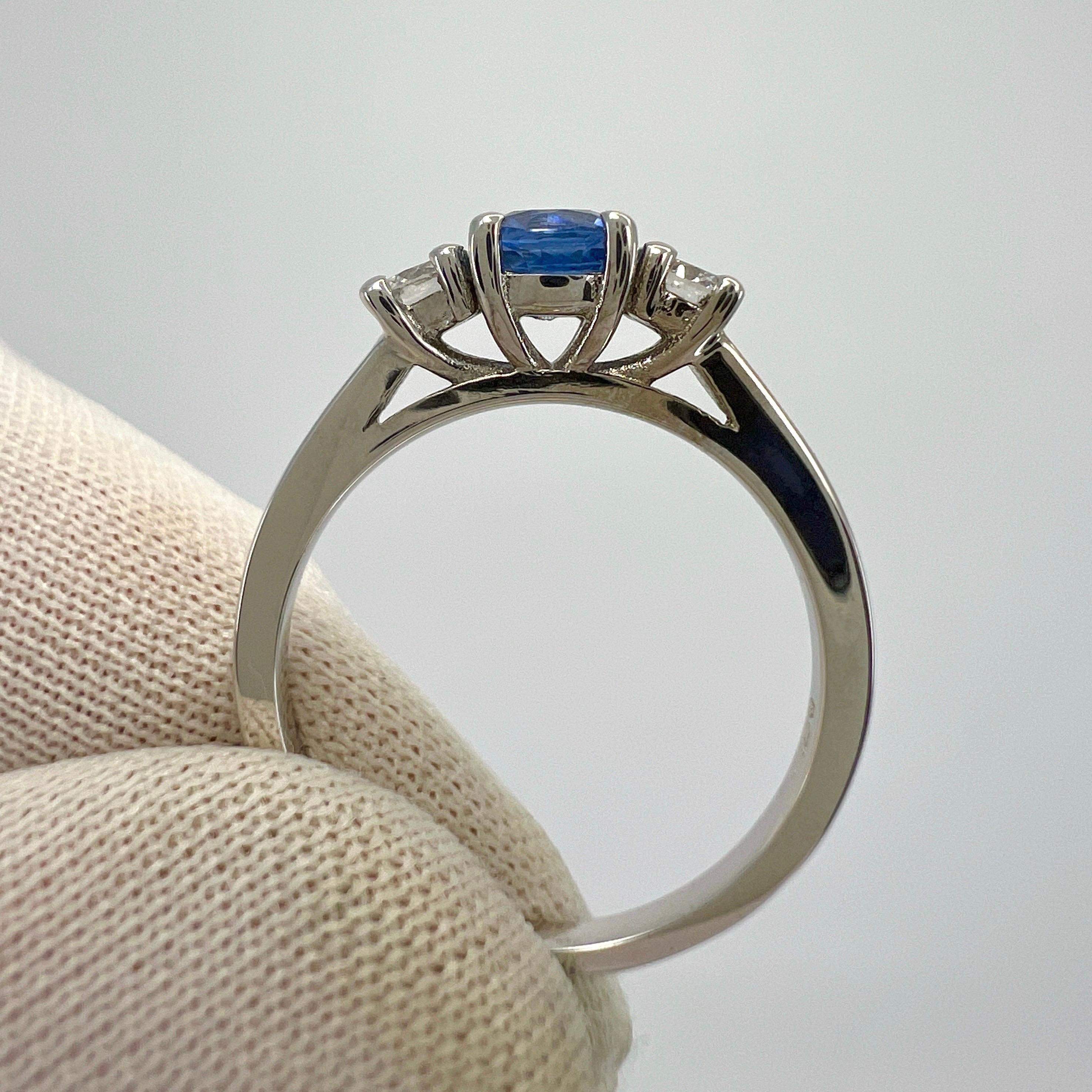 Natural Vivid Blue Round Ceylon Sapphire & Diamond White Gold Three Stone Ring For Sale 2