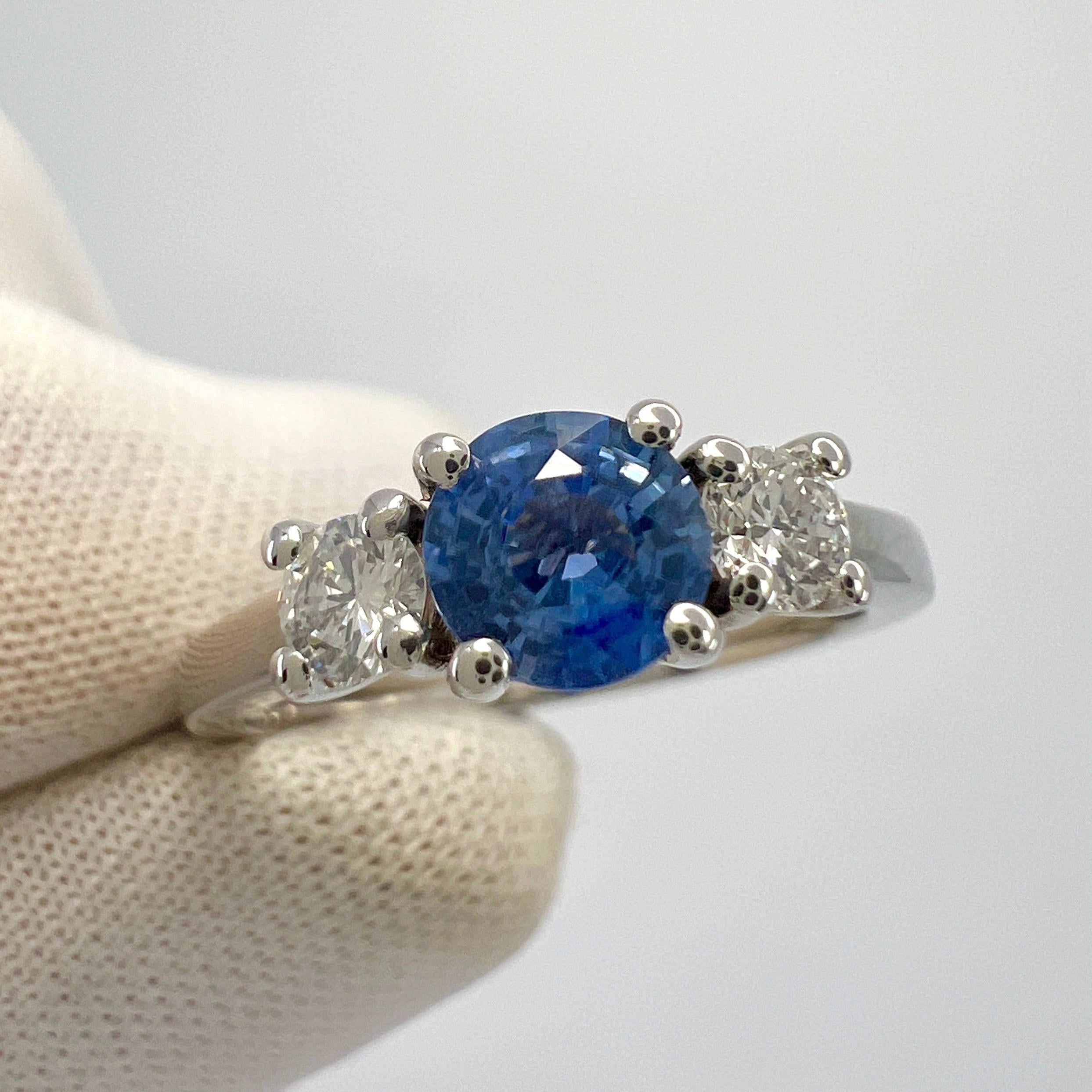 Natural Vivid Blue Round Ceylon Sapphire & Diamond White Gold Three Stone Ring For Sale 3