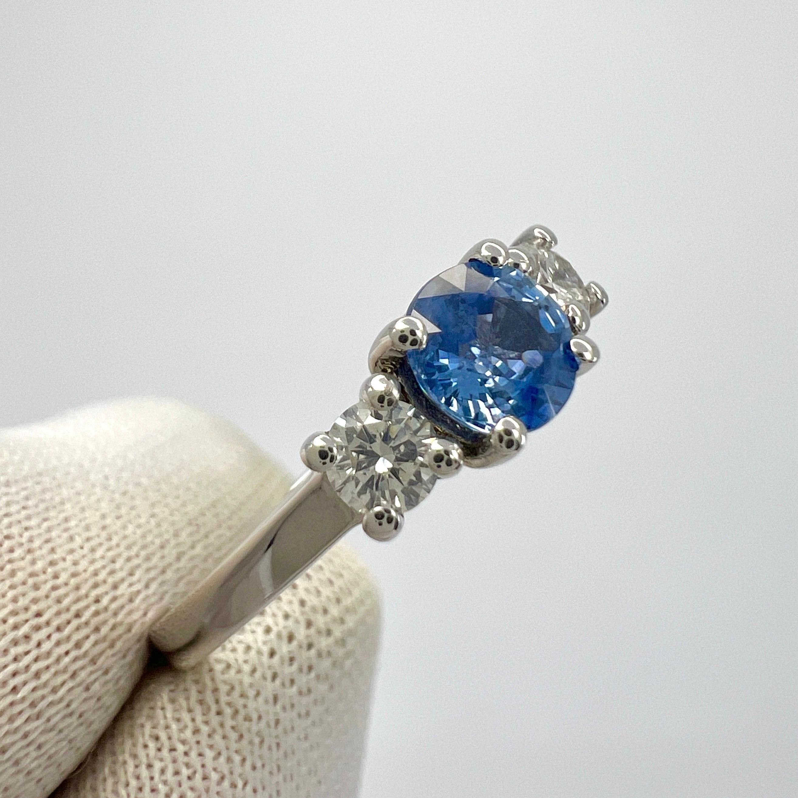 Natural Vivid Blue Round Ceylon Sapphire & Diamond White Gold Three Stone Ring For Sale 4