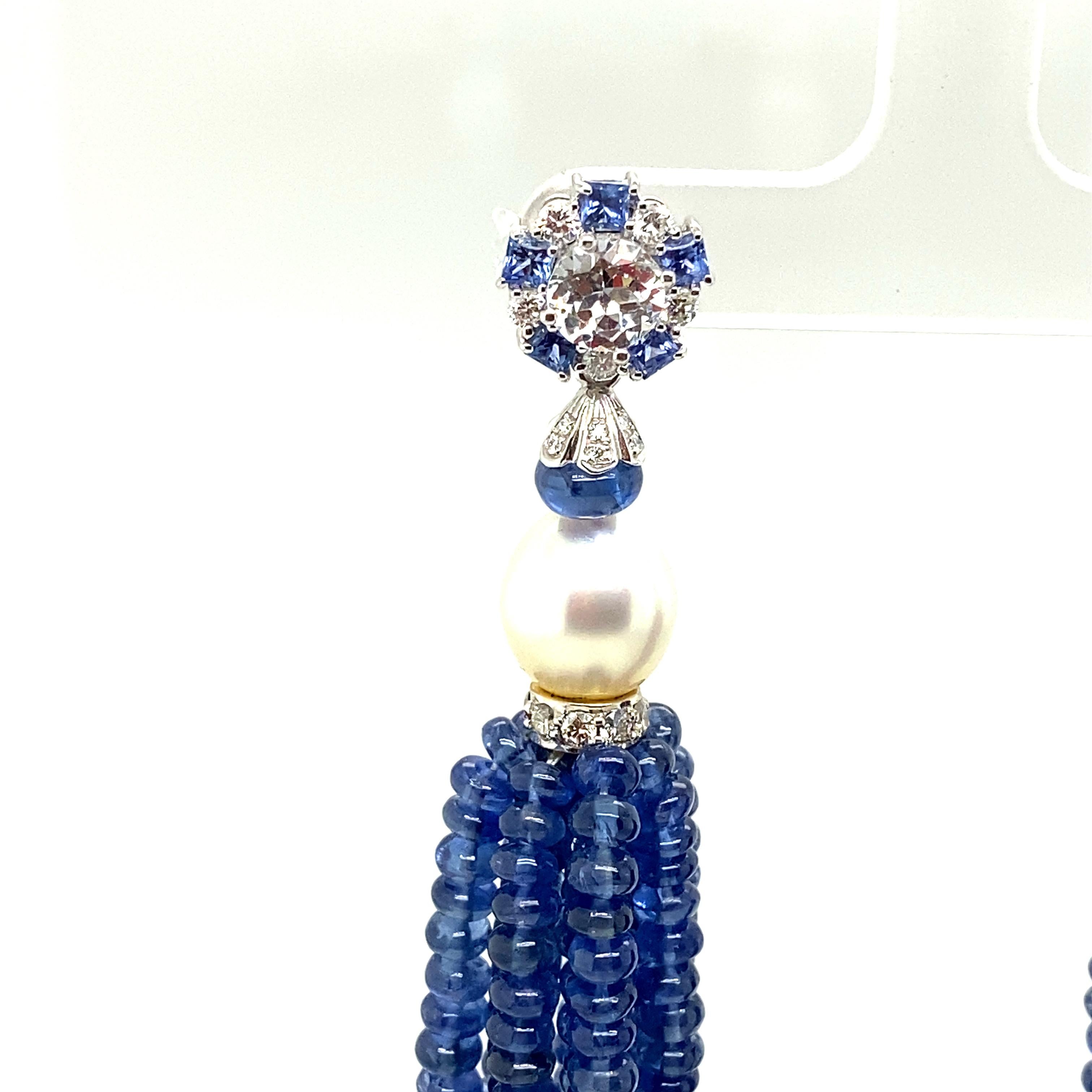 Ohrringe mit leuchtend blauen Saphirperlen und Perlenquasten mit Diamanten für Damen oder Herren im Angebot