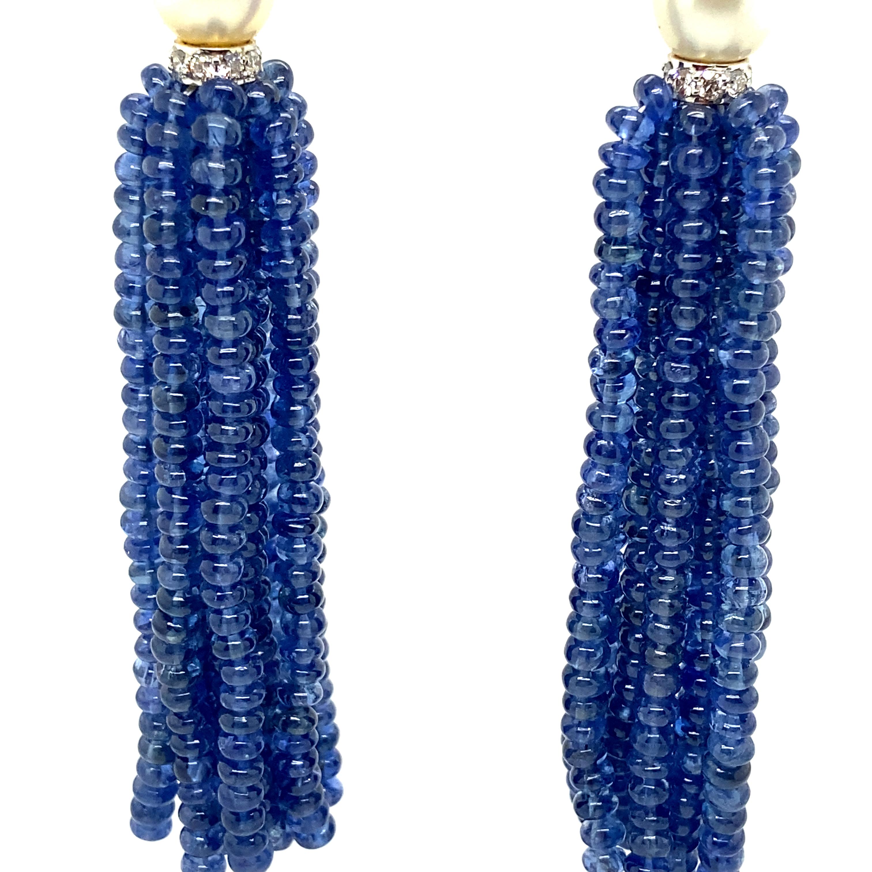 Modern Vivid Blue Sapphire Beads and Pearl Tassel Diamond Earrings For Sale