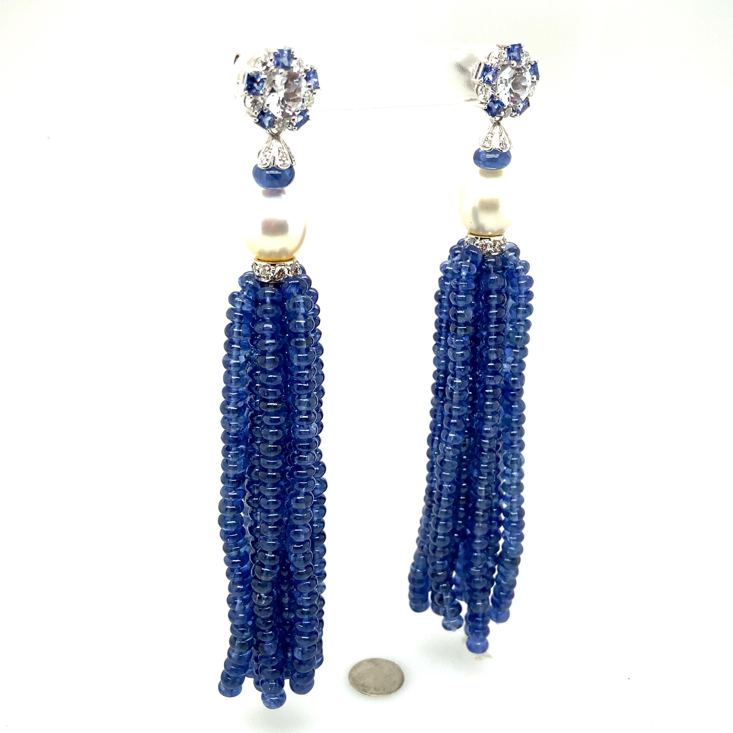 Vivid Blue Sapphire Beads and Pearl Tassel Diamond Earrings In New Condition For Sale In Hong Kong, HK