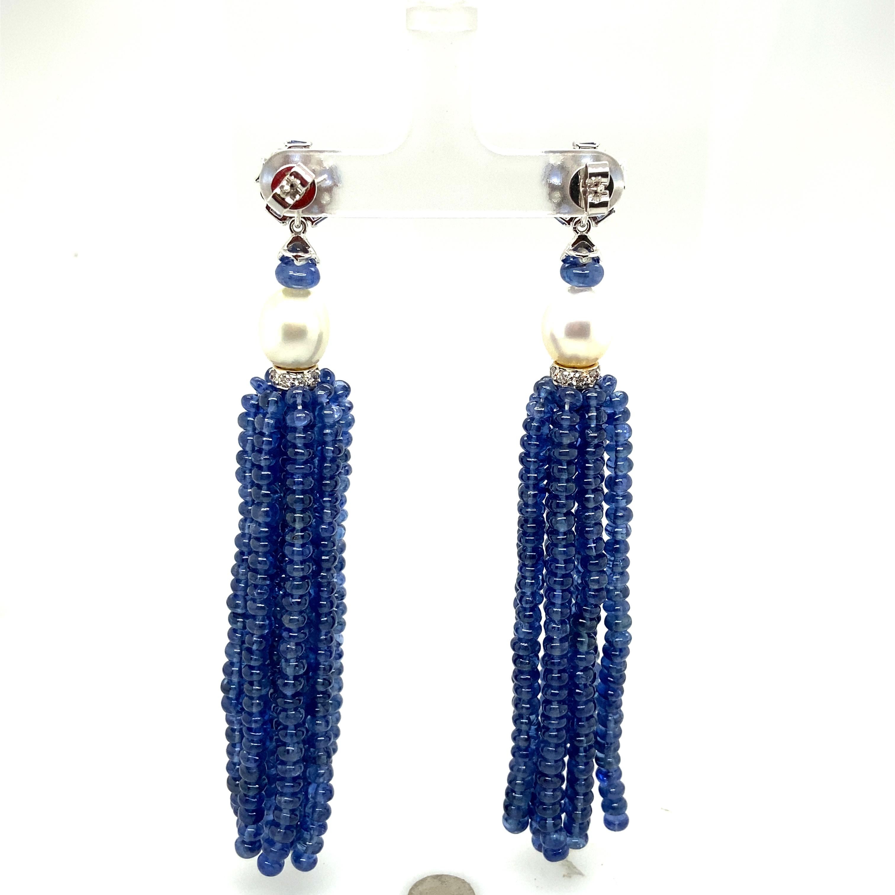 Women's or Men's Vivid Blue Sapphire Beads and Pearl Tassel Diamond Earrings For Sale