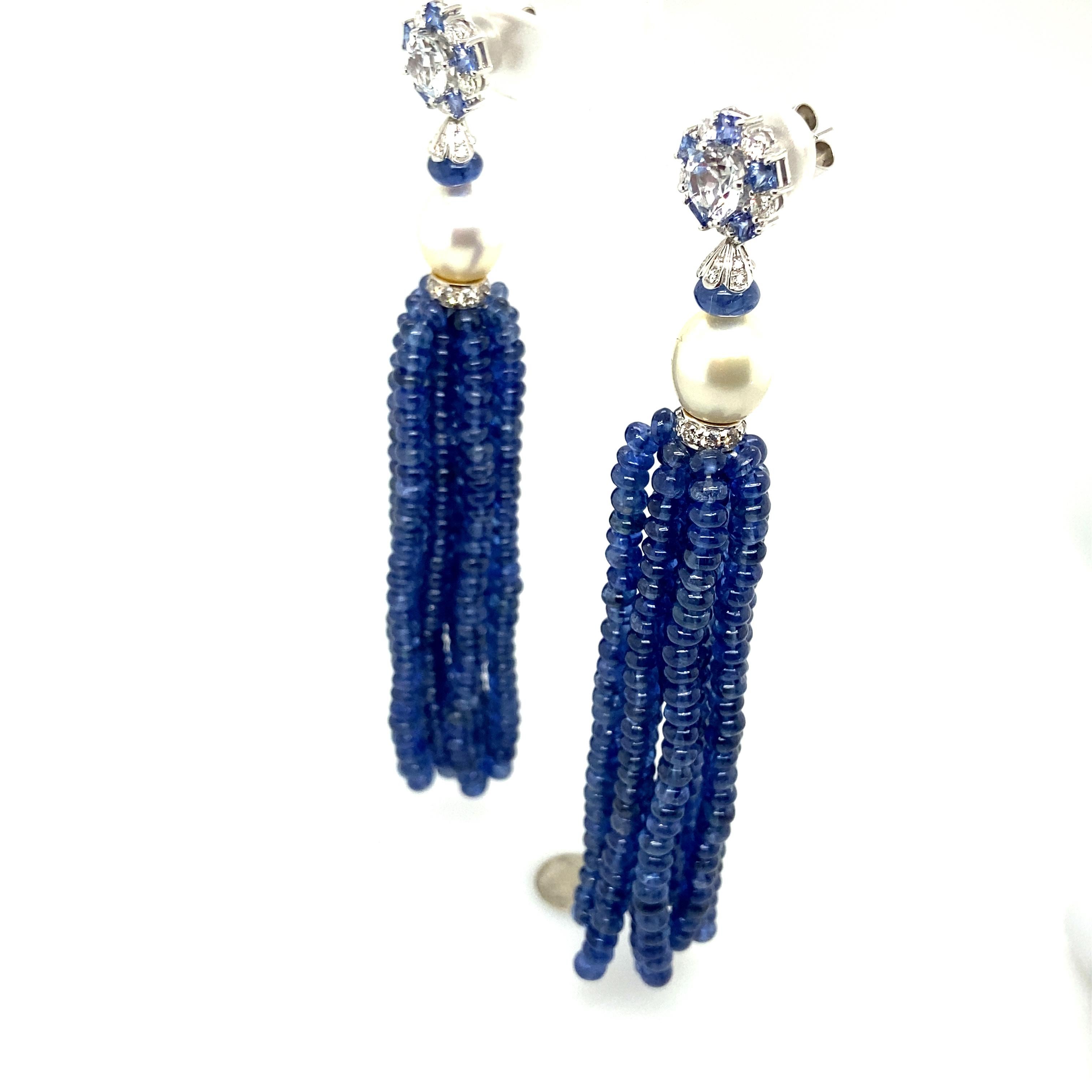 Vivid Blue Sapphire Beads and Pearl Tassel Diamond Earrings For Sale 1