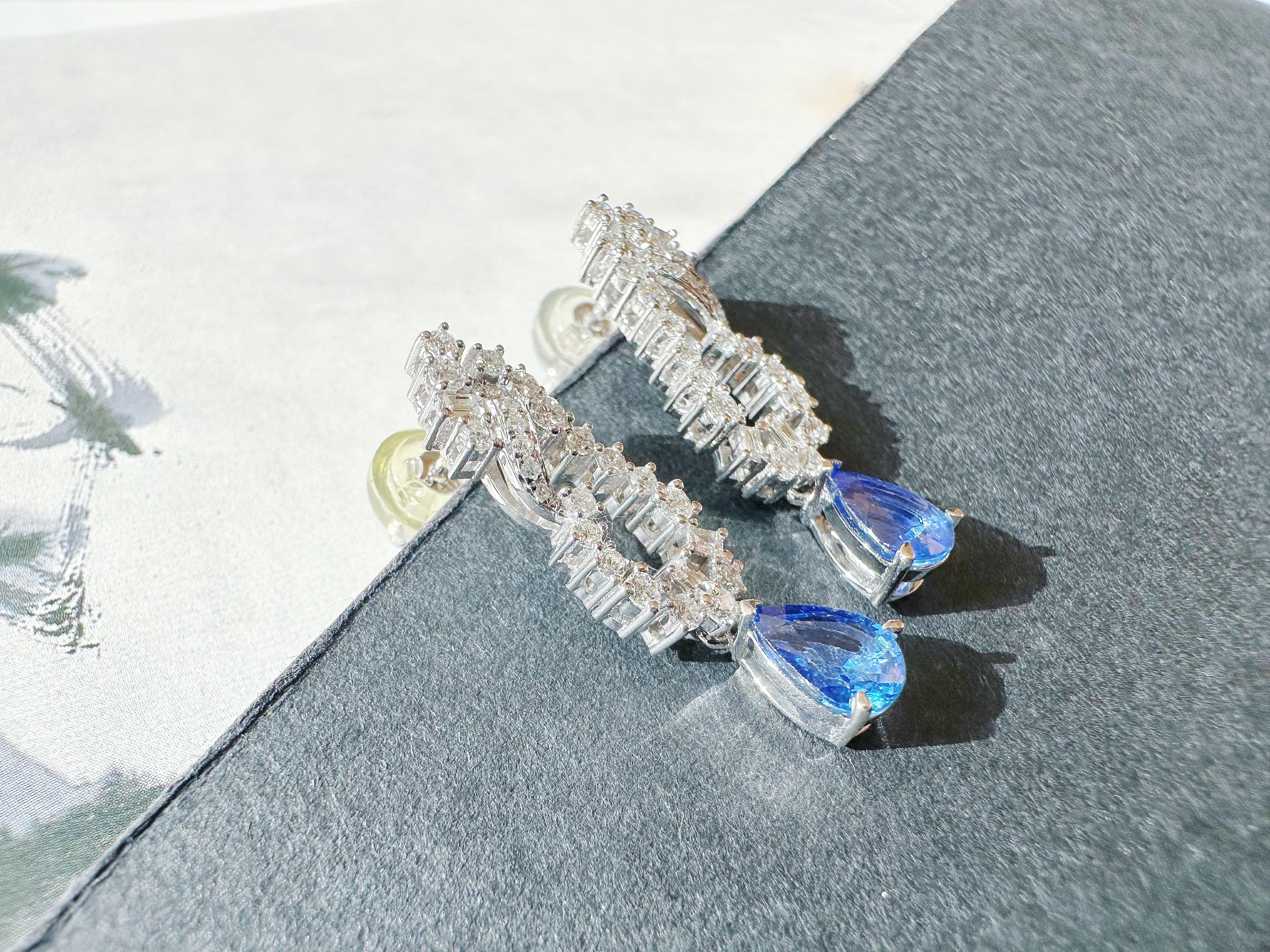 Natürliche Vivid Blue Sapphire Tropfenohrringe aus 18k Weißgold und Diamant im Angebot 8