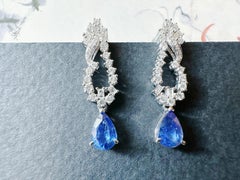 Natural Vivid Blue Sapphire Drop Earrings in 18k White Gold and Diamond