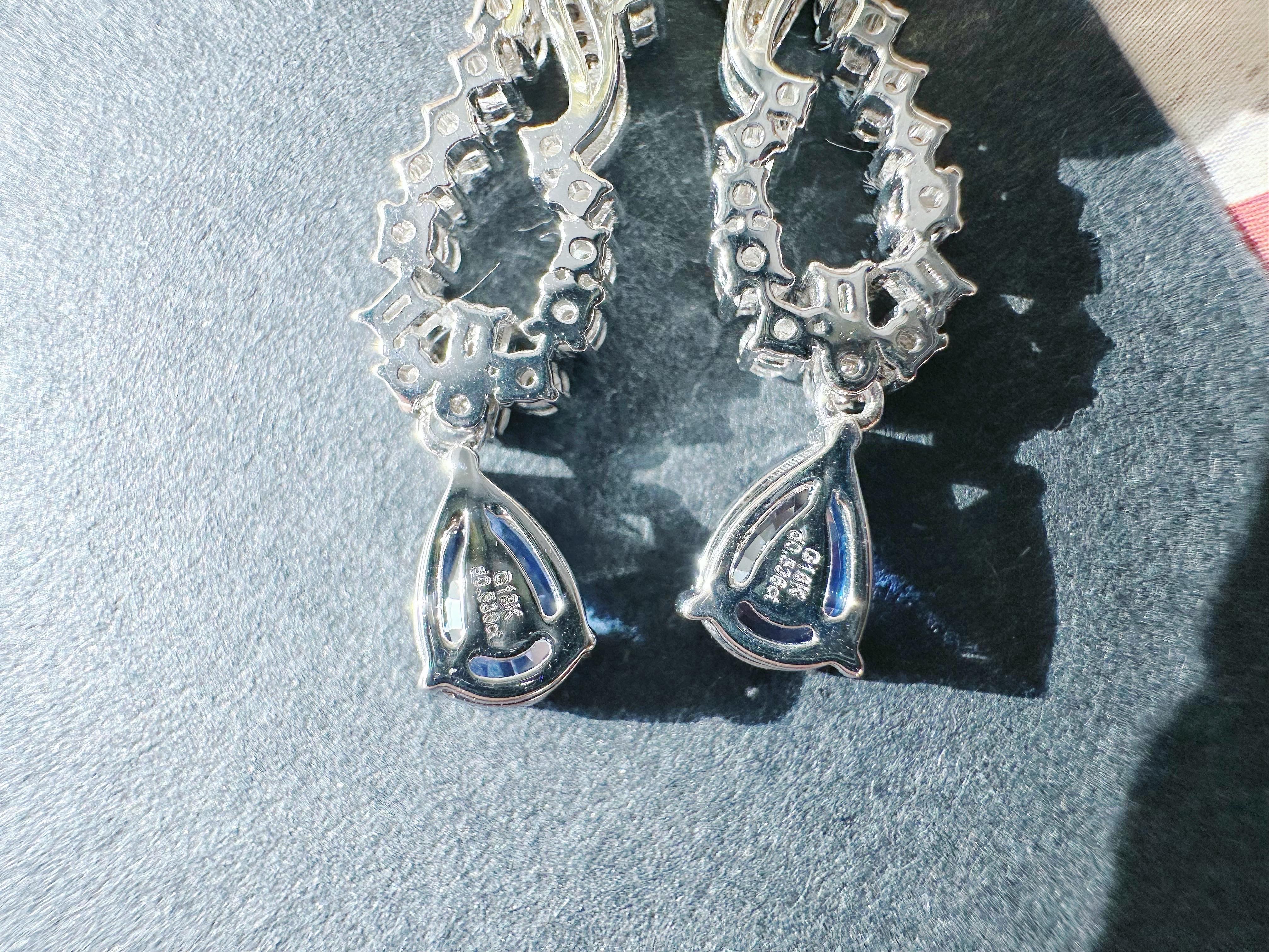 Natürliche Vivid Blue Sapphire Tropfenohrringe aus 18k Weißgold und Diamant im Angebot 3