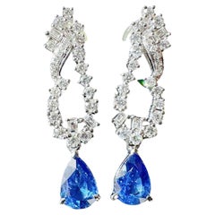 Natural Vivid Blue Sapphire Drop Earrings in 18k White Gold and Diamond