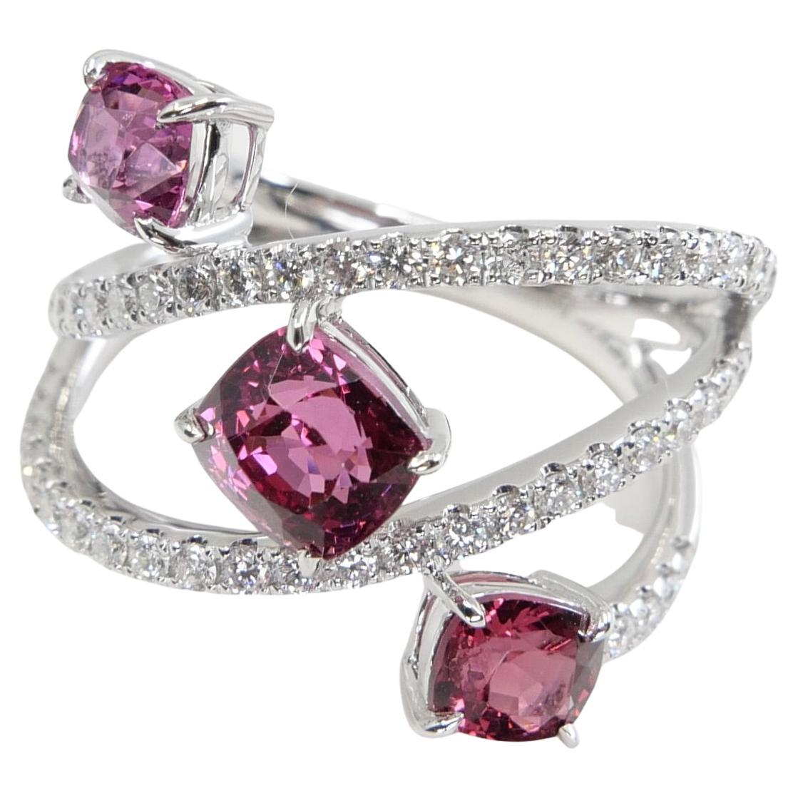 Natural Vivid Colored Spinels & Diamond 3 Stone Cocktail Ring, Strong Colors For Sale