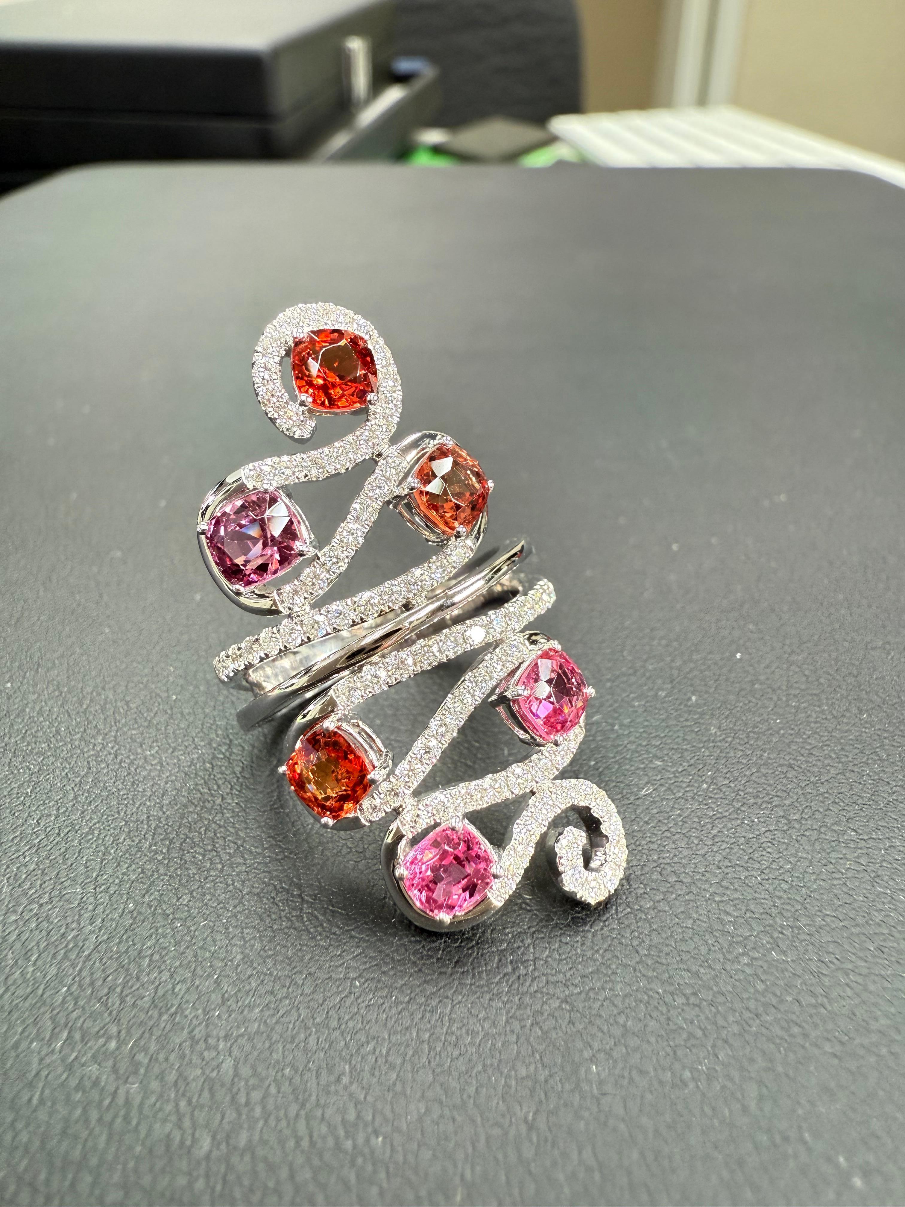 Natural Vivid Colored Spinels & Diamond 6 Stone Cocktail Ring, Strong Colors For Sale 5