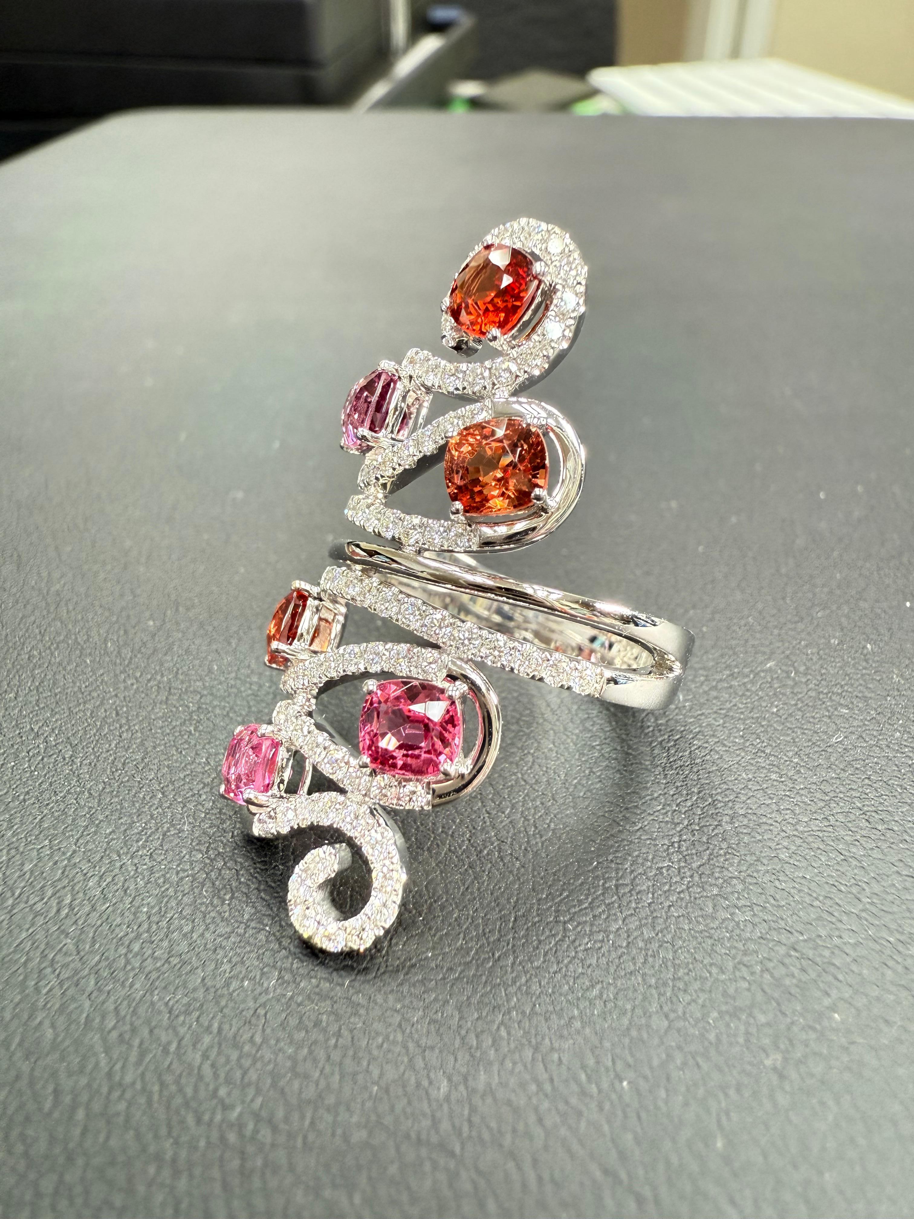 Natural Vivid Colored Spinels & Diamond 6 Stone Cocktail Ring, Strong Colors For Sale 8