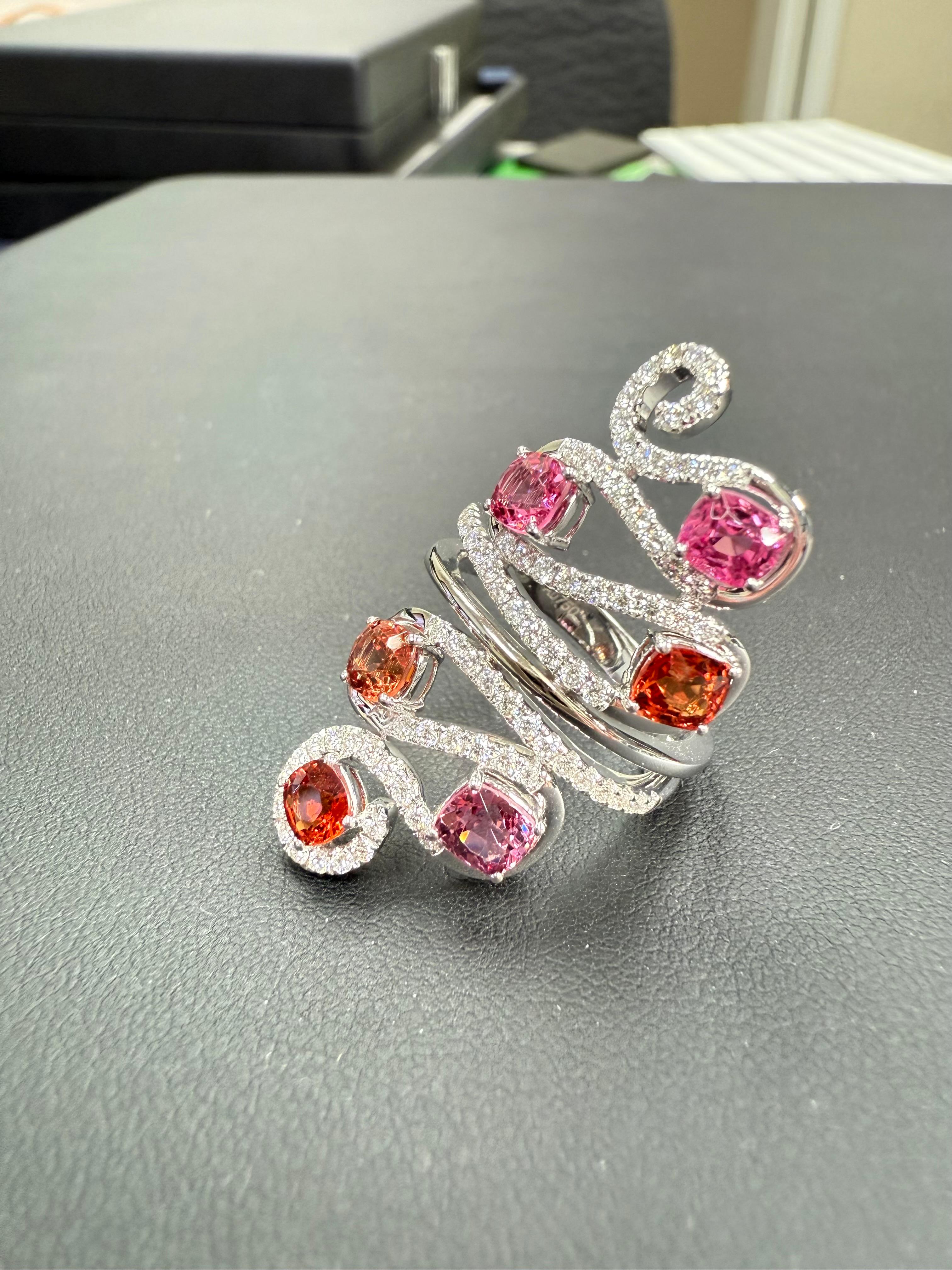 Natural Vivid Colored Spinels & Diamond 6 Stone Cocktail Ring, Strong Colors For Sale 9