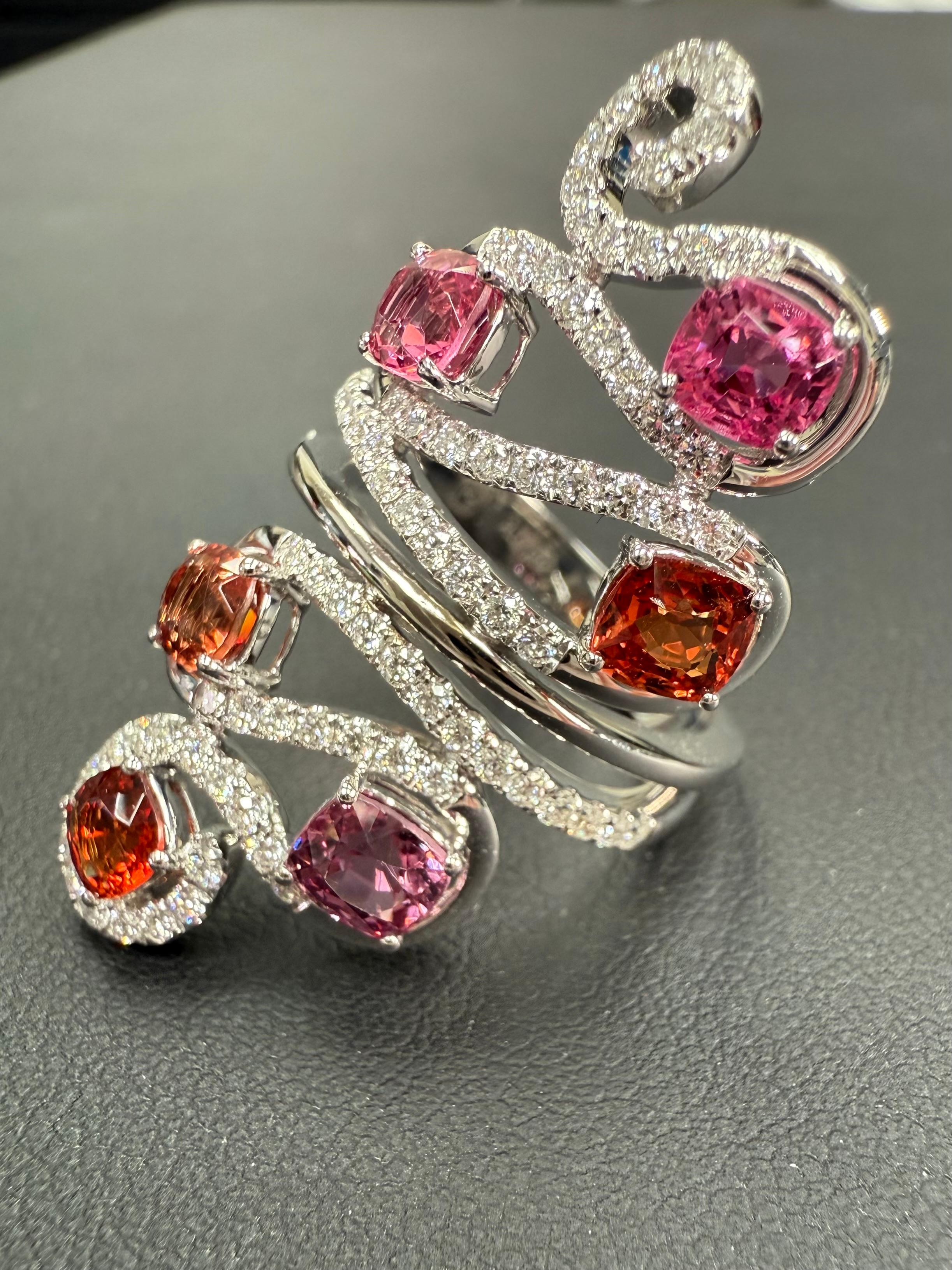 Cushion Cut Natural Vivid Colored Spinels & Diamond 6 Stone Cocktail Ring, Strong Colors For Sale