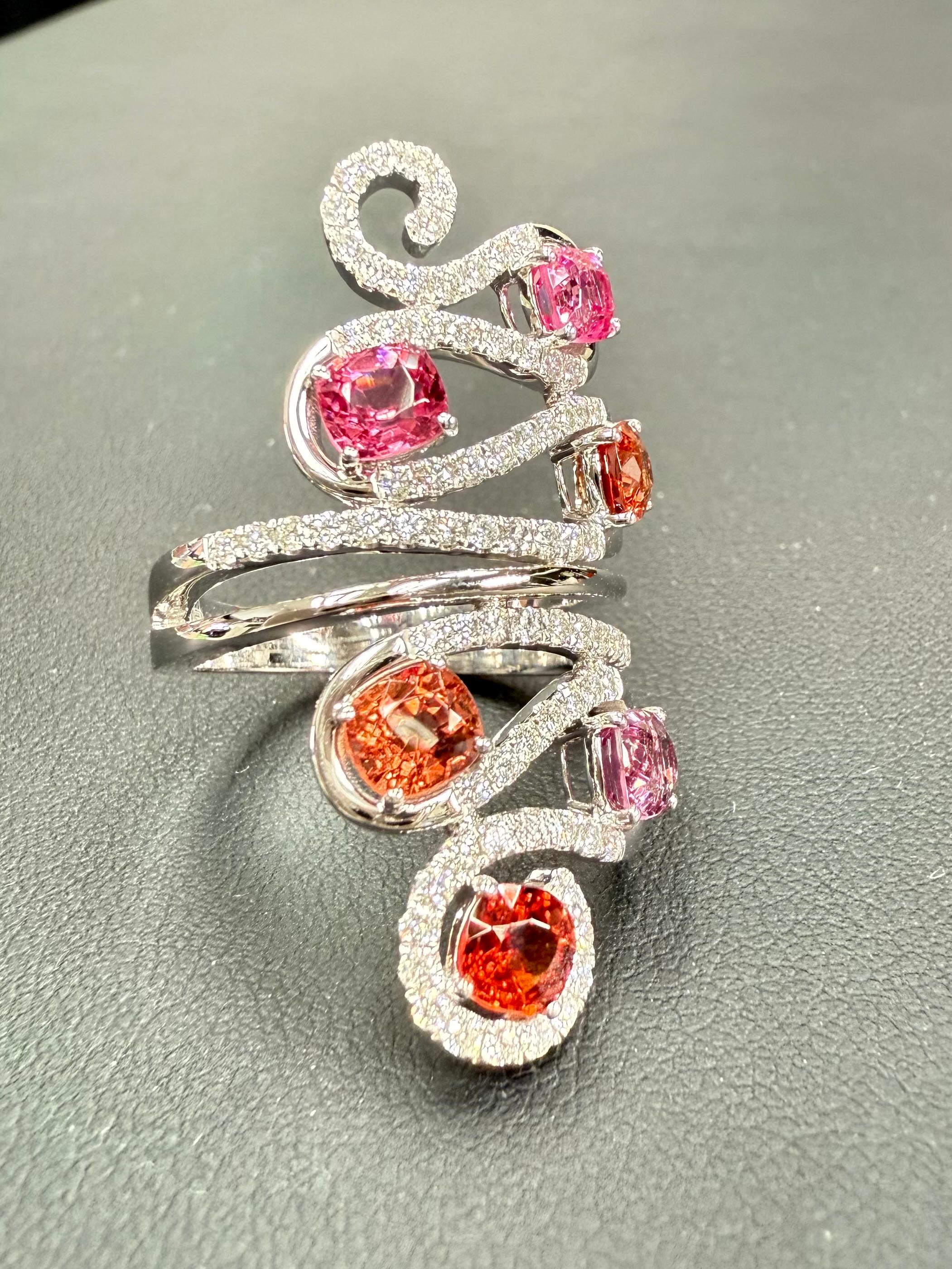 Natural Vivid Colored Spinels & Diamond 6 Stone Cocktail Ring, Strong Colors For Sale 4