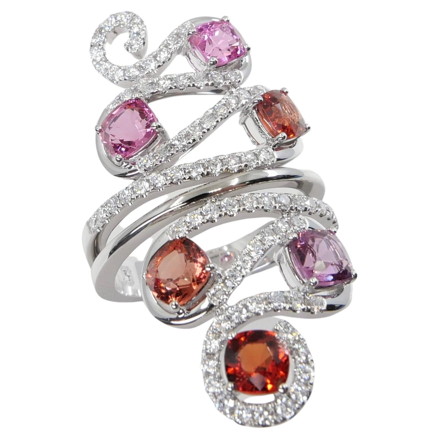 Natural Vivid Colored Spinels & Diamond 6 Stone Cocktail Ring, Strong Colors For Sale