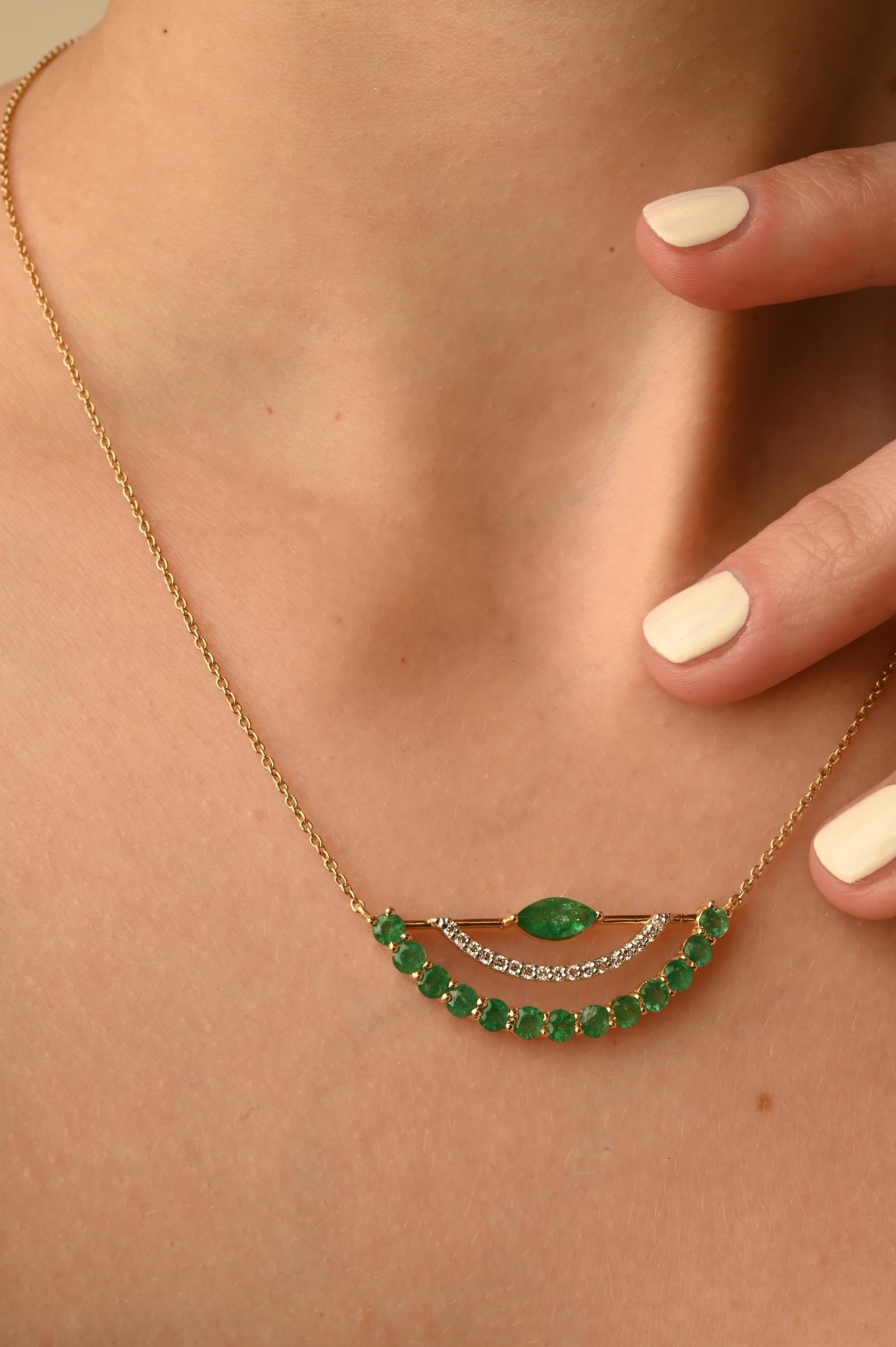 Emerald chain necklace in 14K gold studded with marquise and round cut emerald gemstones with diamonds. Lightweight and gorgeous, this is a great bridesmaid, wedding gift for anyone on your list.
Accessorize your look with this elegant emerald