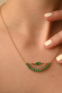 Natural Vivid Green 1.87ct Emerald Diamond Chain Necklace in 14k Yellow Gold