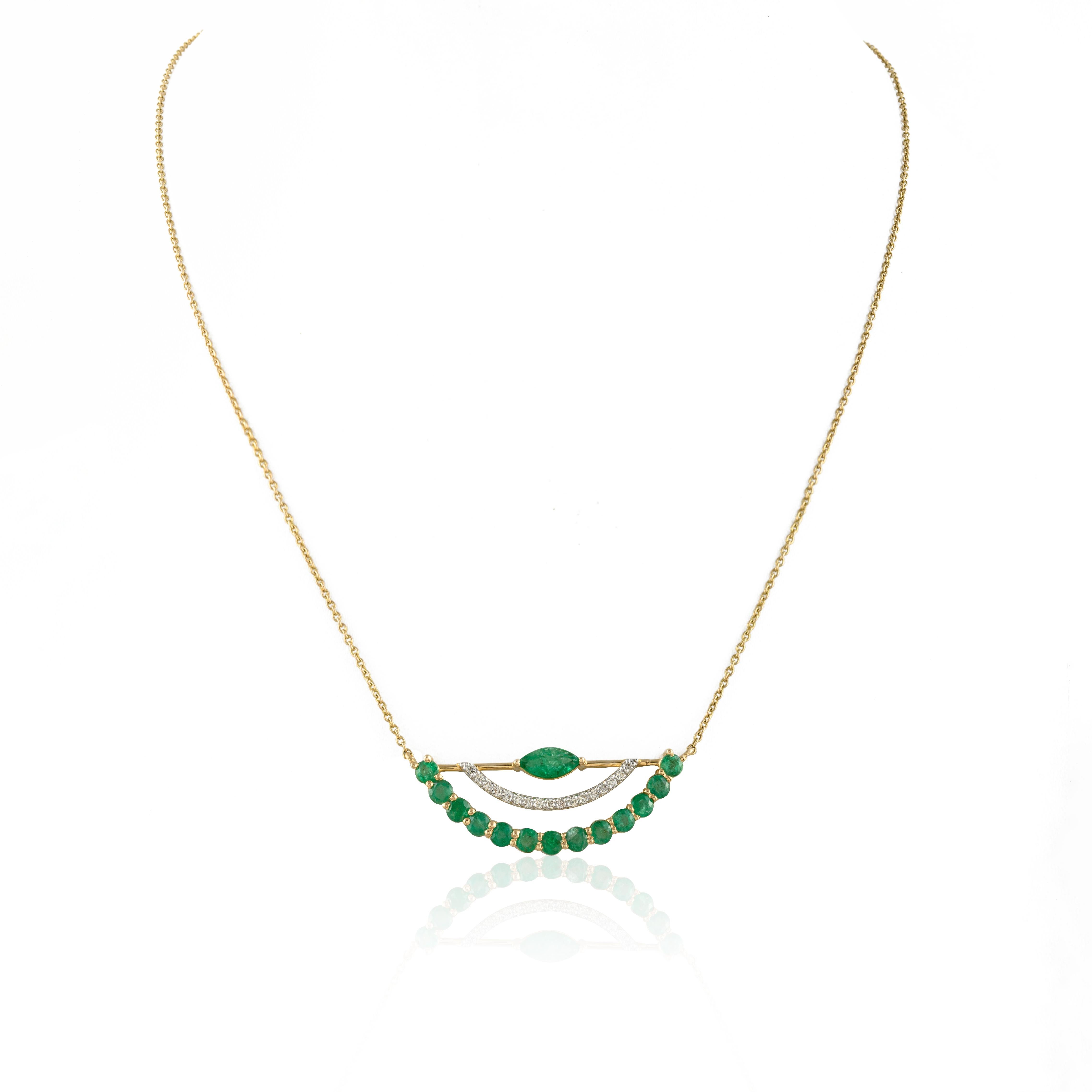 Art Deco Natural Vivid Green 1.87ct Emerald Diamond Chain Necklace in 14k Yellow Gold For Sale