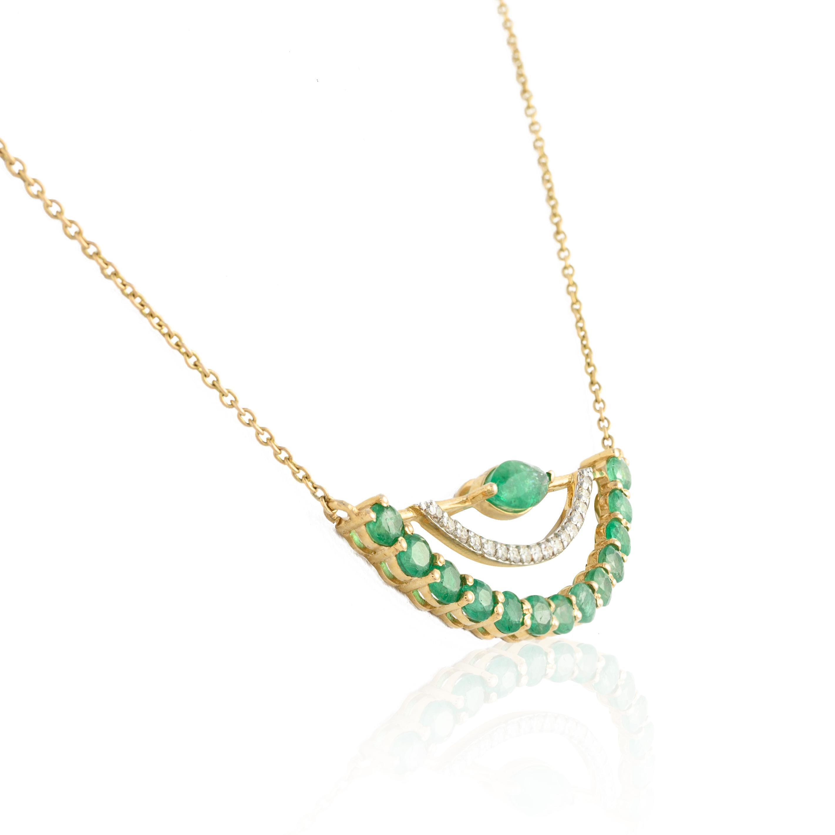 Natural Vivid Green 1.87ct Emerald Diamond Chain Necklace in 14k Yellow Gold In New Condition For Sale In Houston, TX