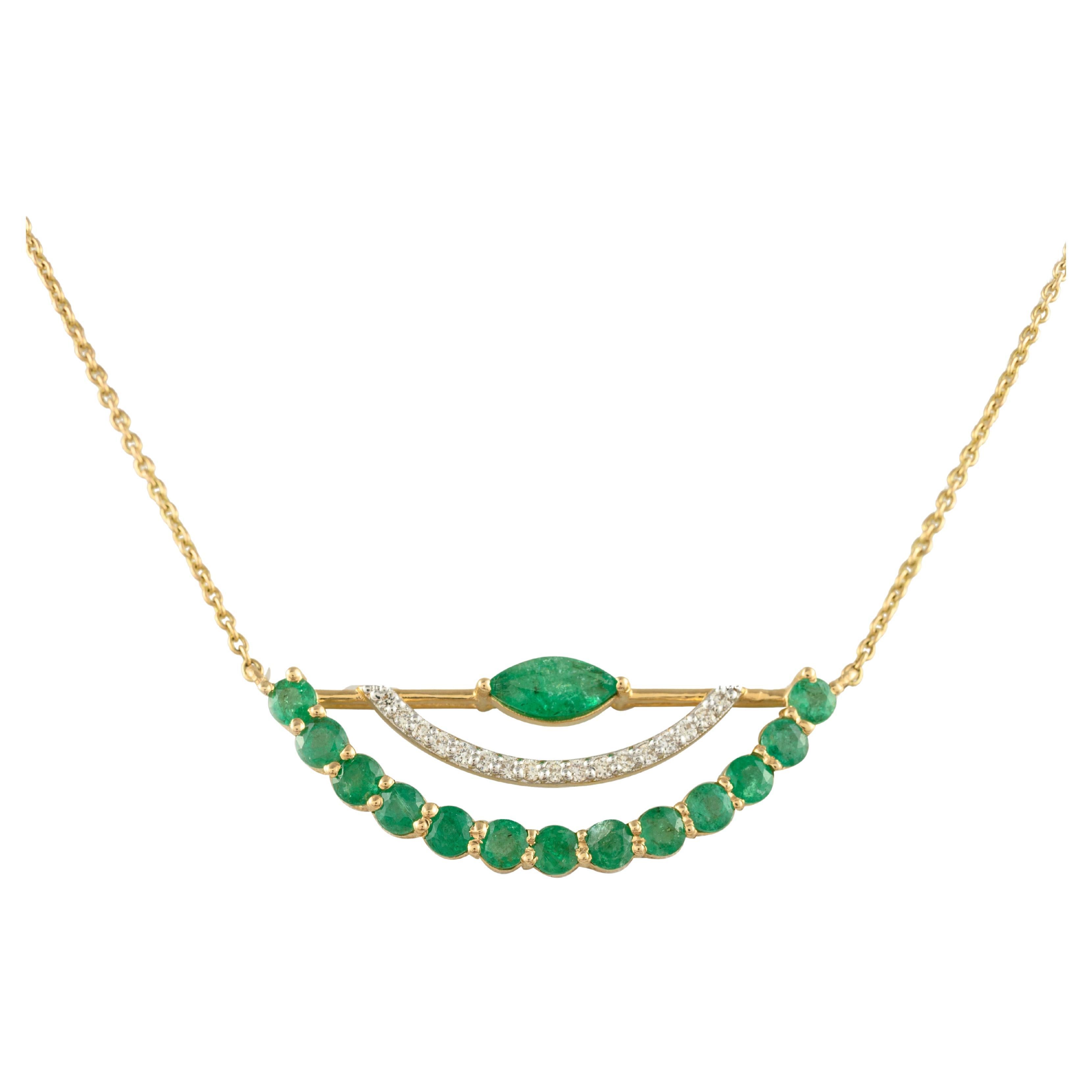 Natural Vivid Green 1.87ct Emerald Diamond Chain Necklace in 14k Yellow Gold For Sale