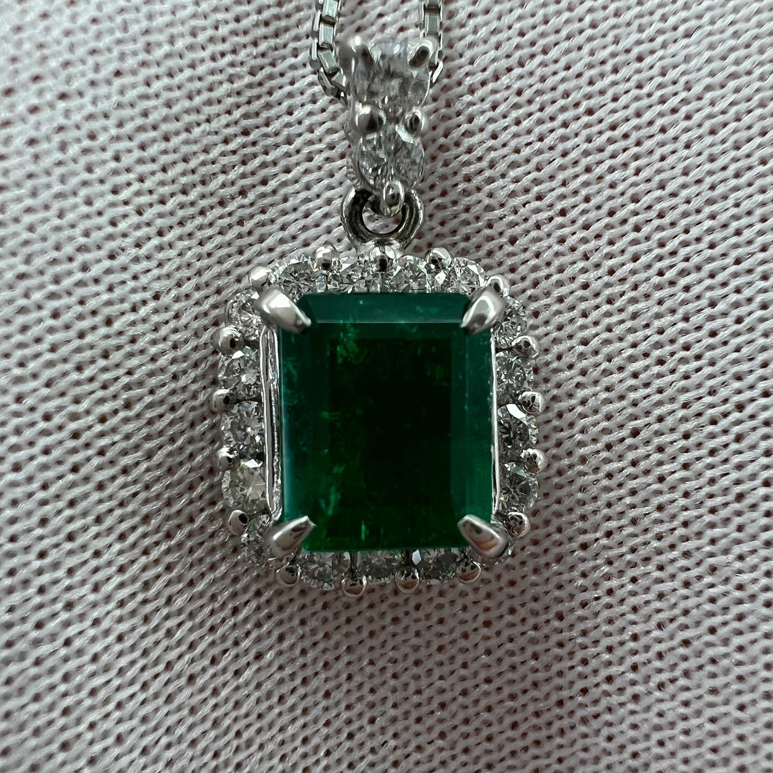 Women's or Men's Natural Vivid Green Colombian Emerald Diamond Platinum Cluster Pendant Necklace For Sale