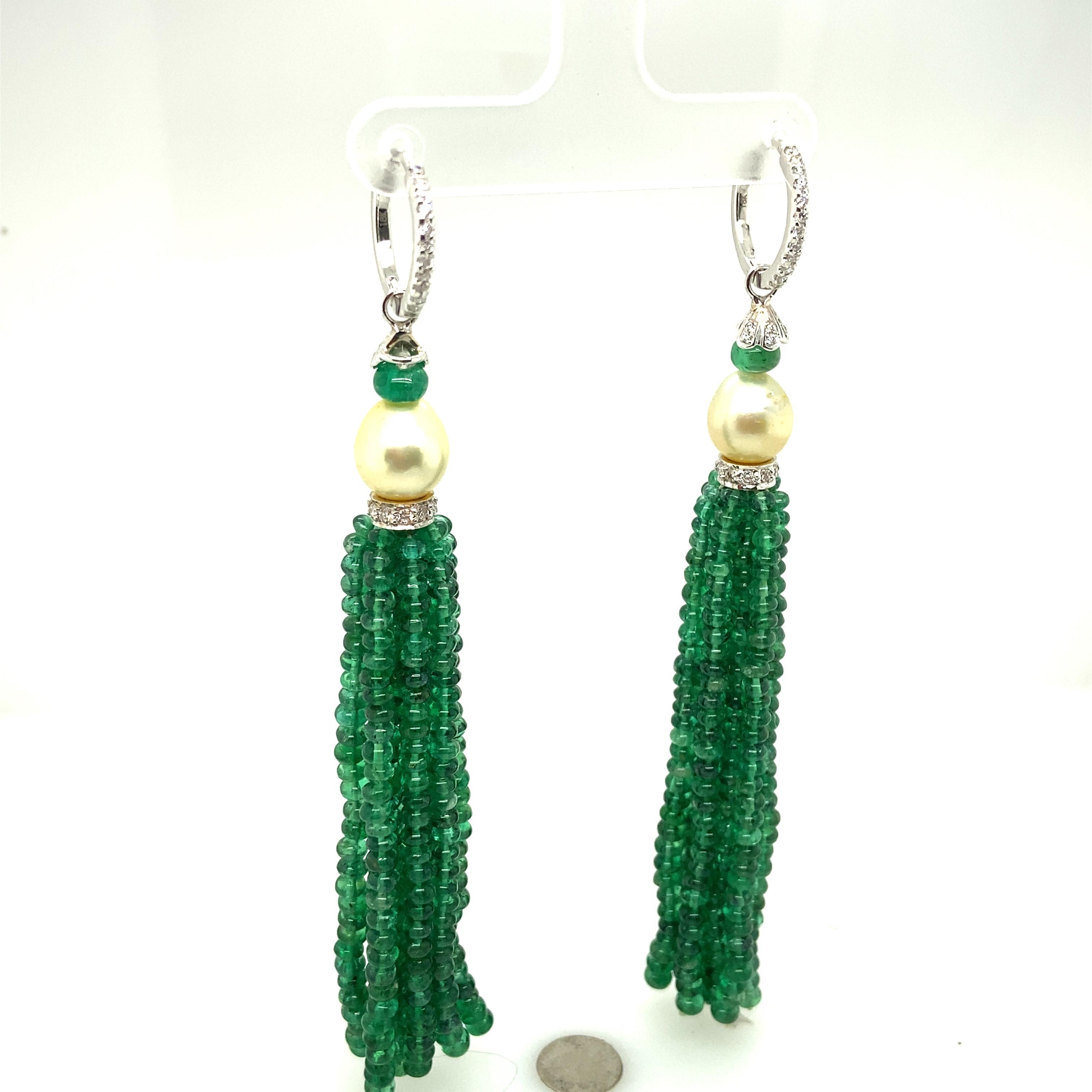 Modern Natural Vivid Green Emerald Beads and Cultured Pearl Tassel Diamond Earrings For Sale