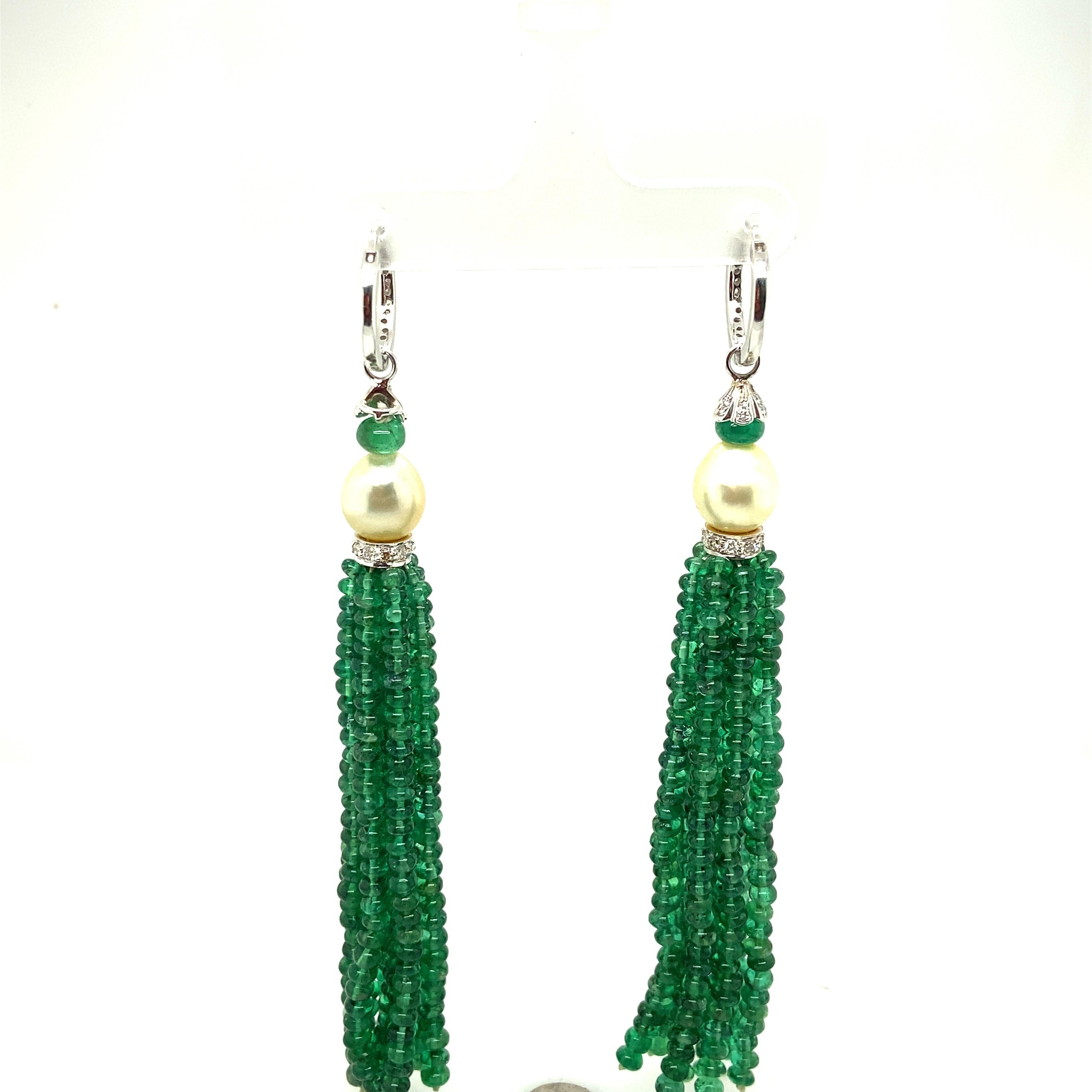 Natural Vivid Green Emerald Beads and Cultured Pearl Tassel Diamond Earrings In New Condition For Sale In Hong Kong, HK