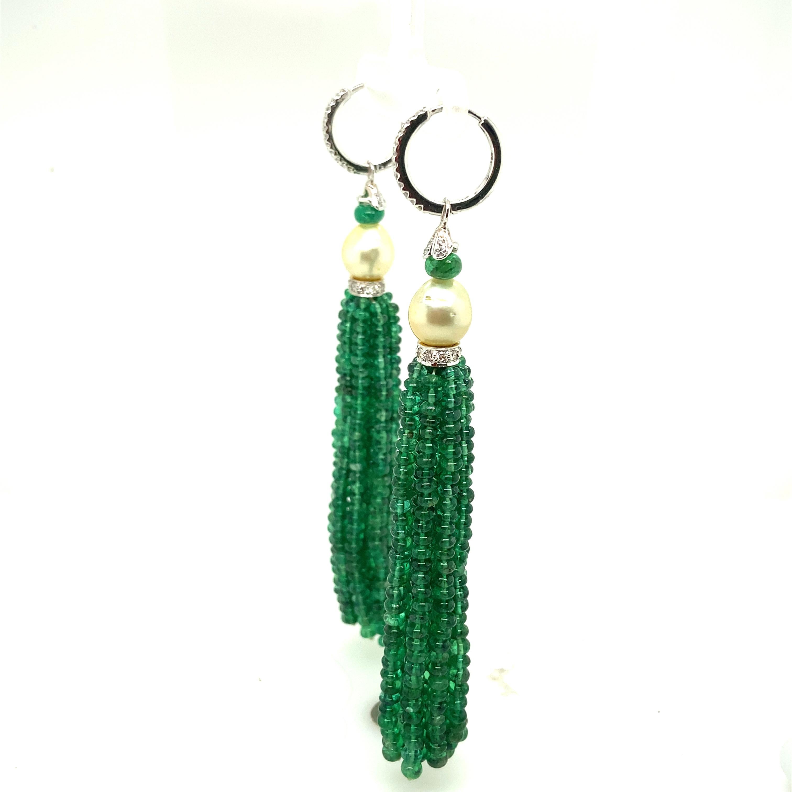 Women's or Men's Natural Vivid Green Emerald Beads and Cultured Pearl Tassel Diamond Earrings For Sale