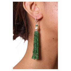 Natural Vivid Green Emerald Beads and Cultured Pearl Tassel Diamond Earrings