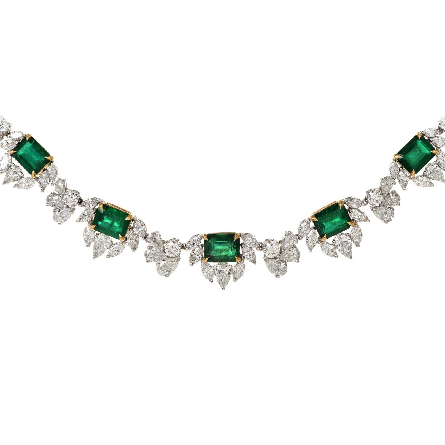 Art Deco Natural Vivid Green Emerald Diamond 18K Gold Floral Link Necklace For Sale