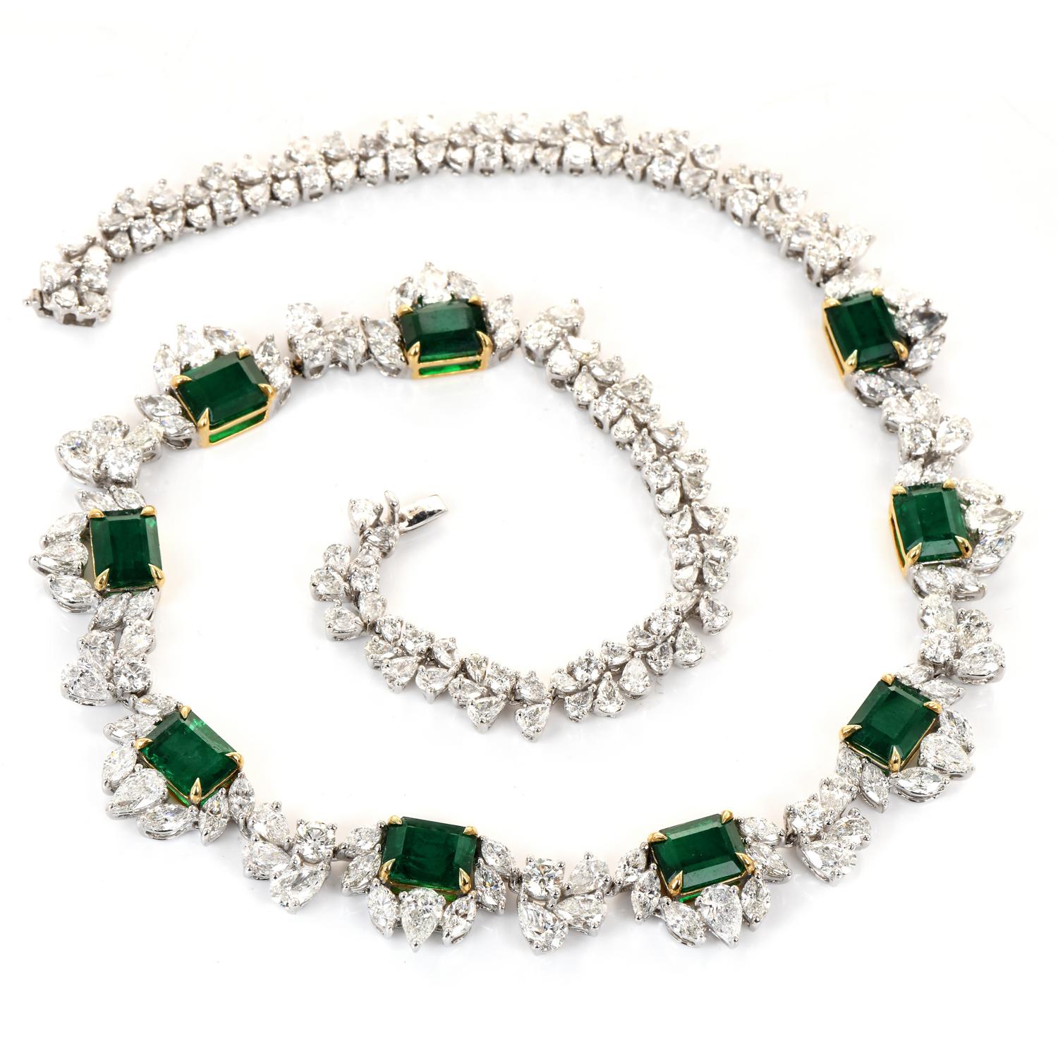 Emerald Cut Natural Vivid Green Emerald Diamond 18K Gold Floral Link Necklace
