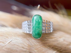 Natural Vivid Green Jadeite Jade Minimalism Silver Check Band RIng
