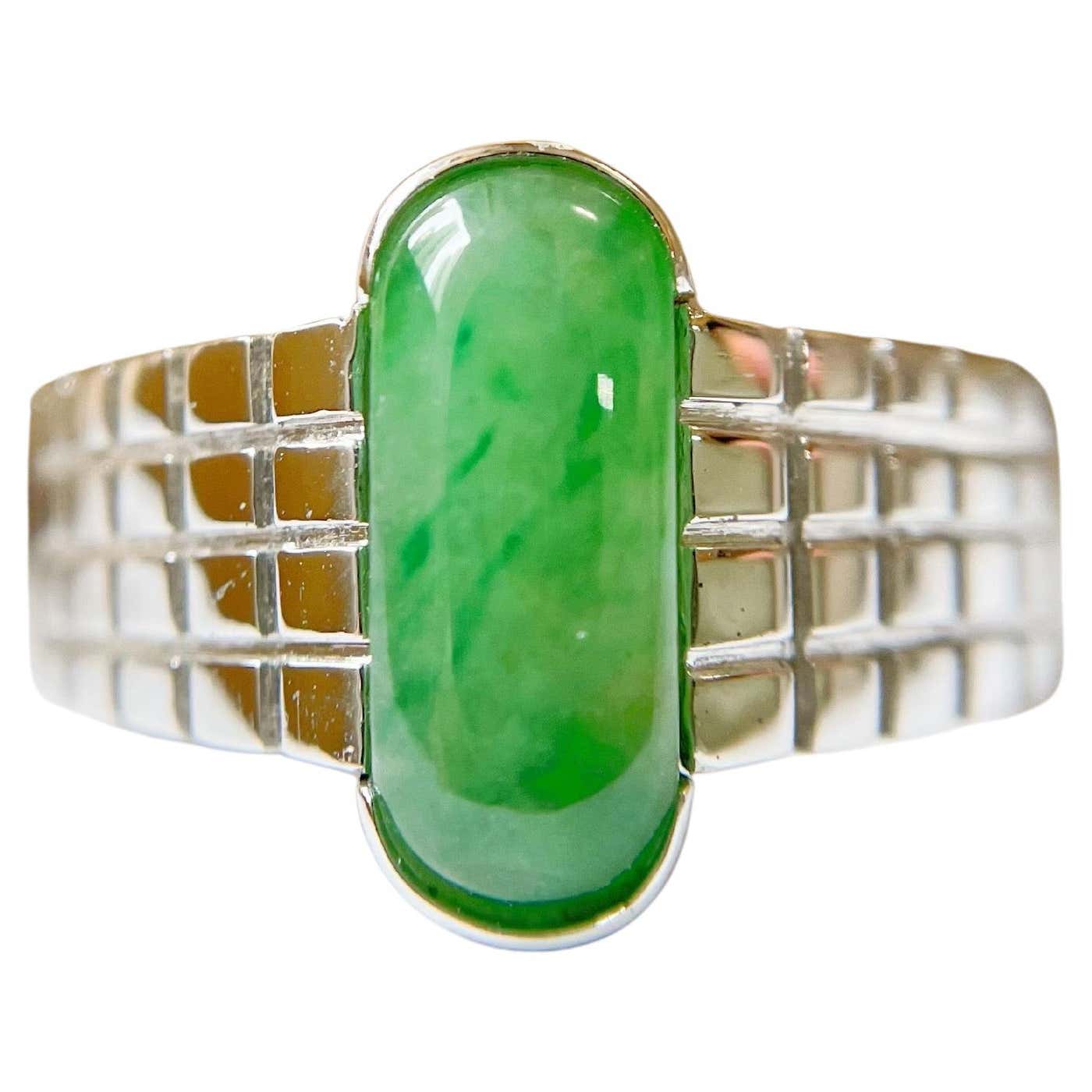 Jadeite Rind Natural Vivid Green Jadeite Jade Minimalism Silver Check Band RIng For ...