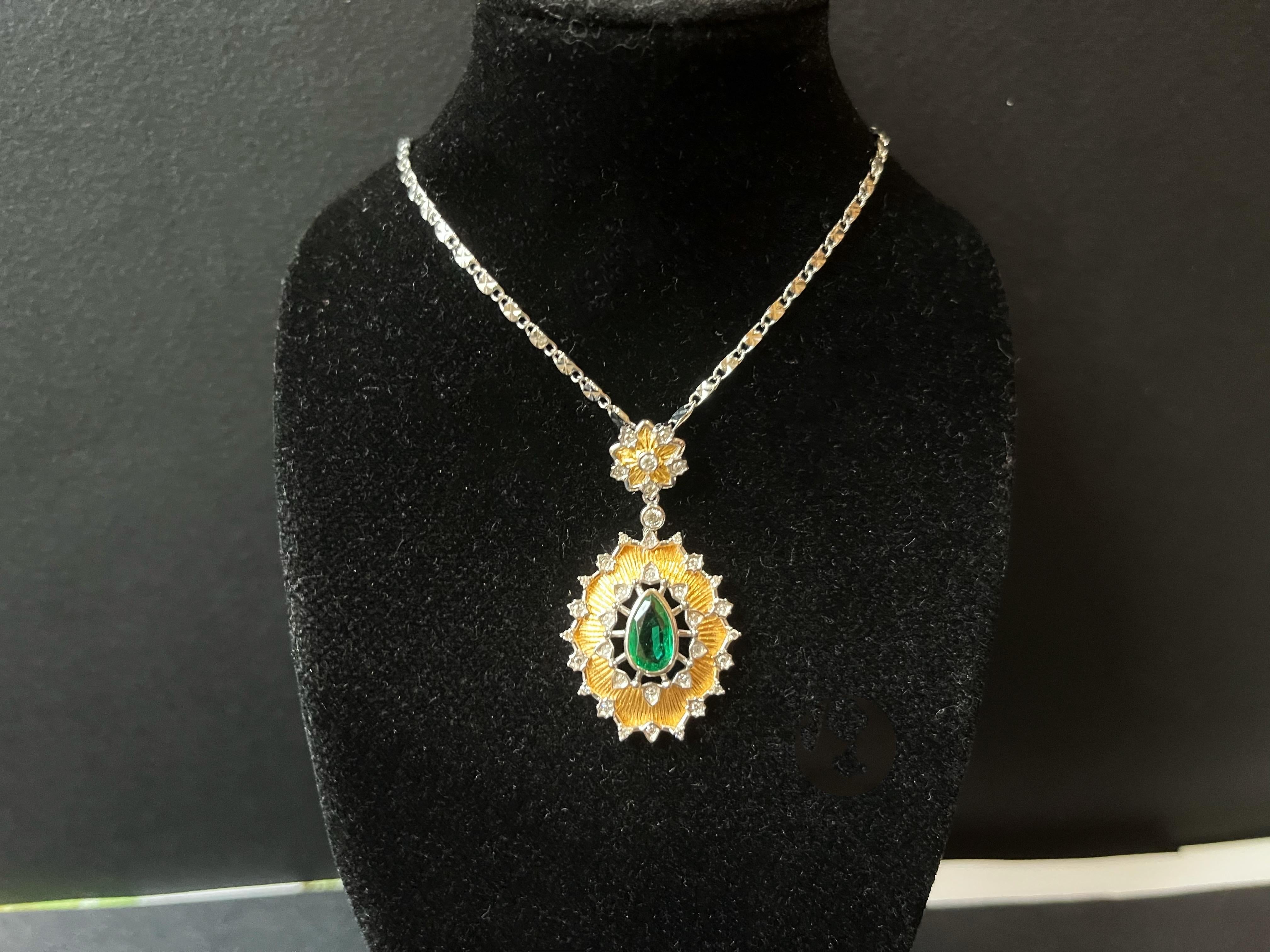 Indulge in the sheer beauty of this stunning natural, vivid green emerald pendant ethically sourced from Zambia. Expertly hand-crafted and designed by us, this one-of-a-kind pendant exudes a timeless and antique style that will elevate any look in