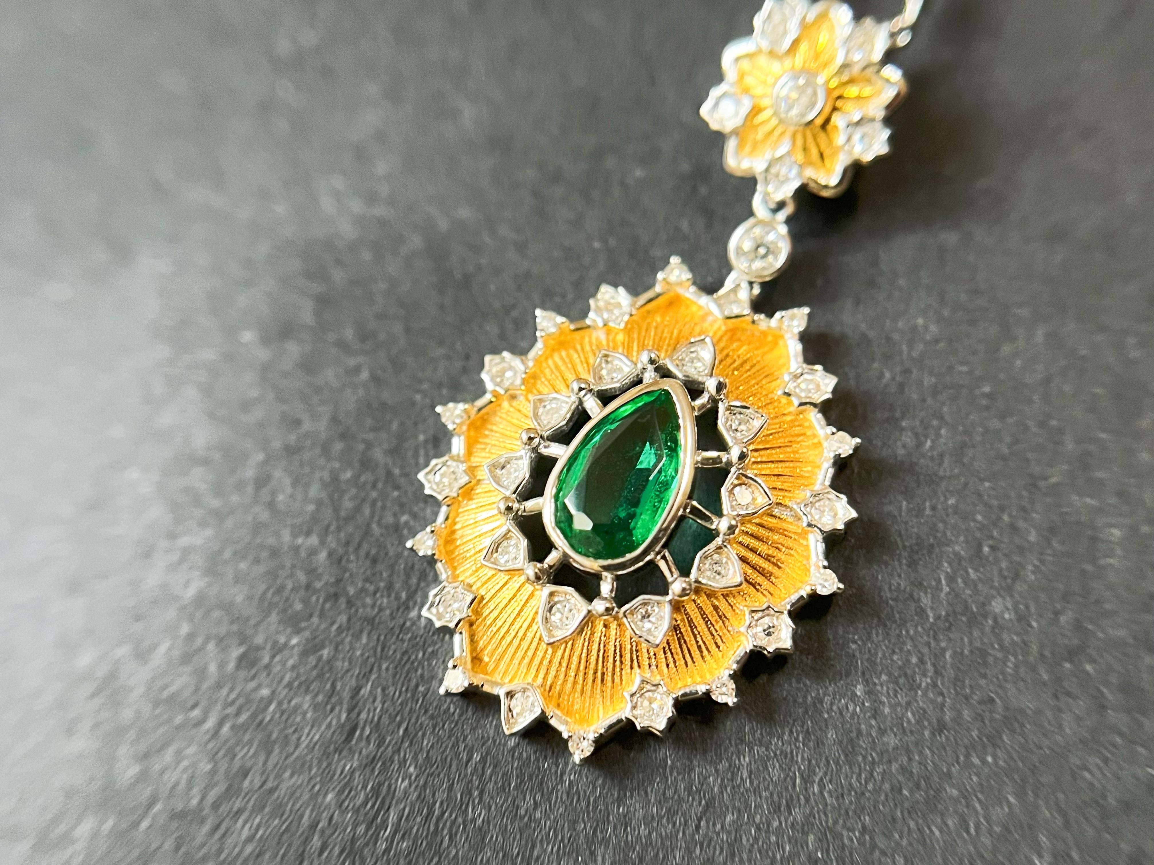 Pear Cut Natural Vivid Green Zambia Emerald Pendant in 18K Gold with Diamonds For Sale