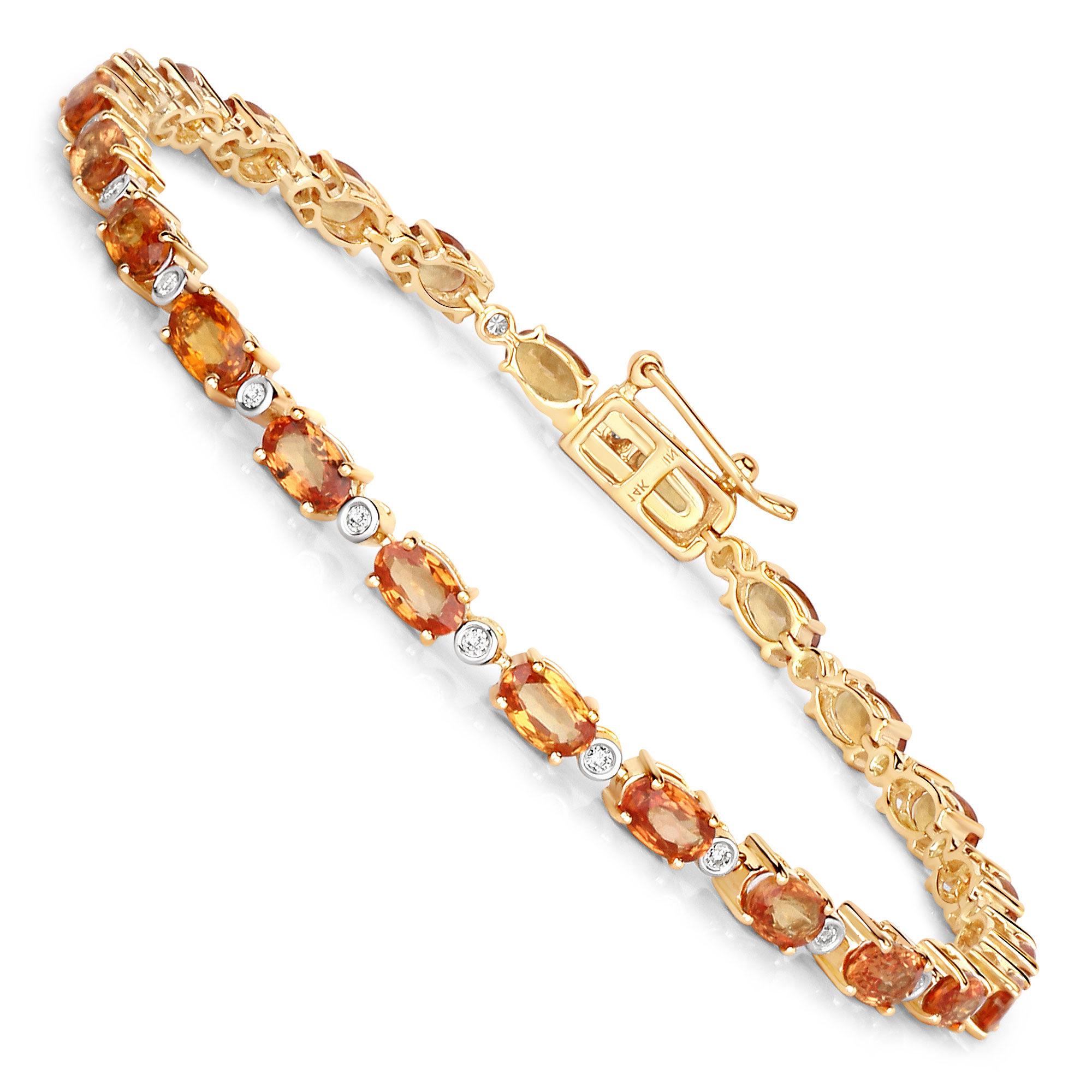Natural Vivid Orange Sapphire and Diamond Tennis Bracelet 7.40 Carats 14k Yellow For Sale 1
