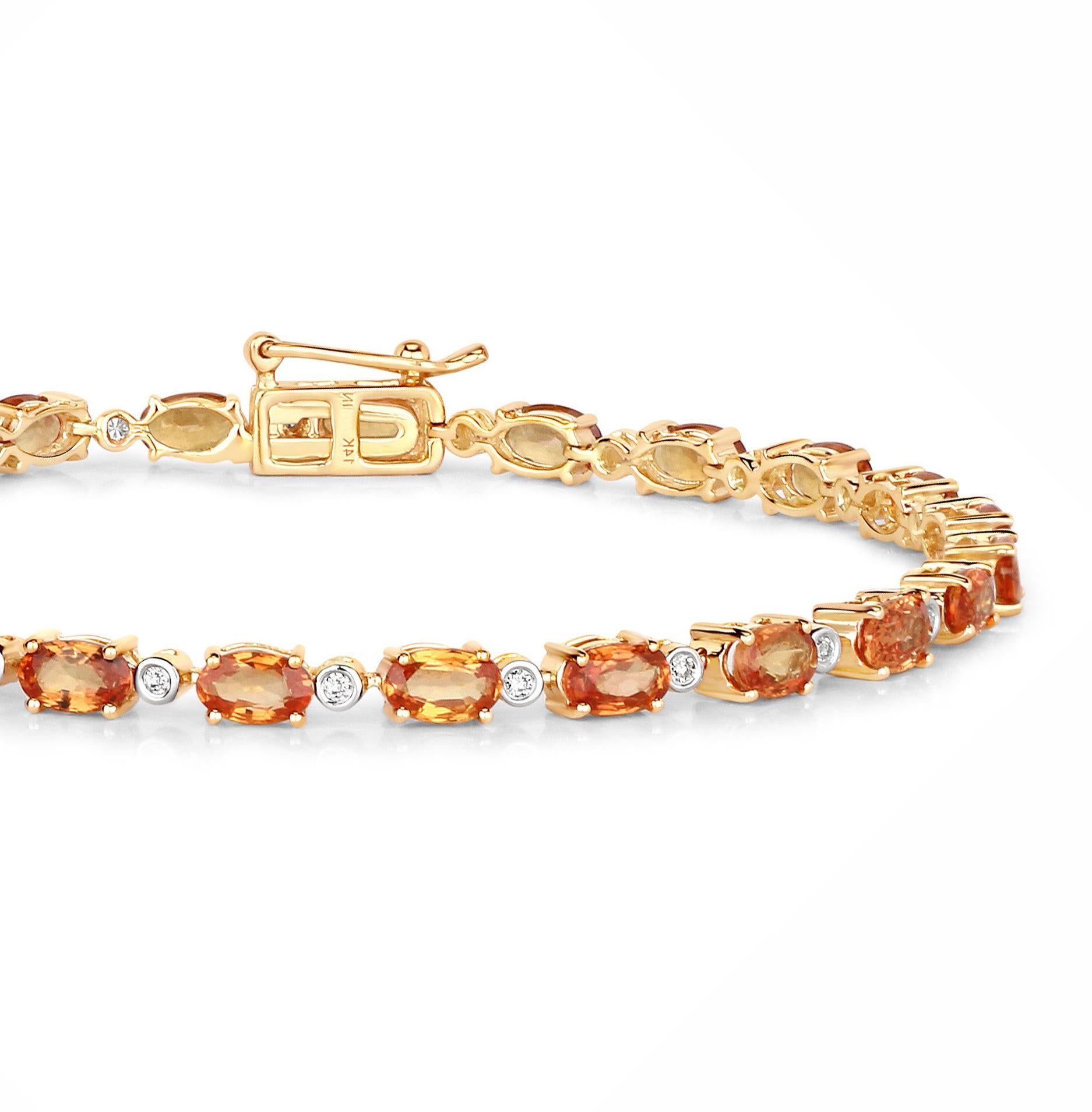 Natural Vivid Orange Sapphire and Diamond Tennis Bracelet 7.40 Carats 14k Yellow In Excellent Condition For Sale In Laguna Niguel, CA