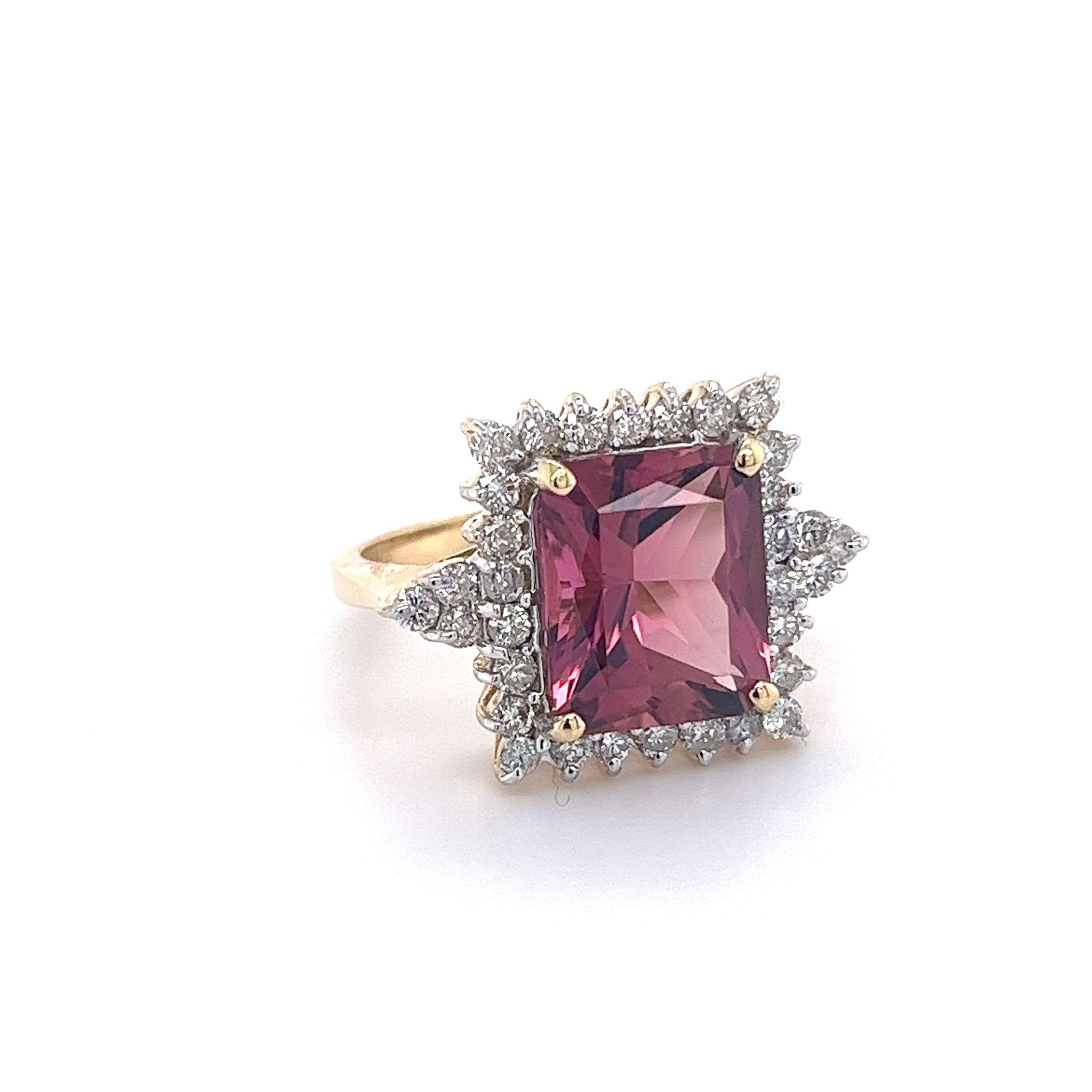 Natural Vivid Pink 7 Carat Radiant Cut Tourmaline Ring With Diamonds in 18K Gold In New Condition For Sale In Miami, FL