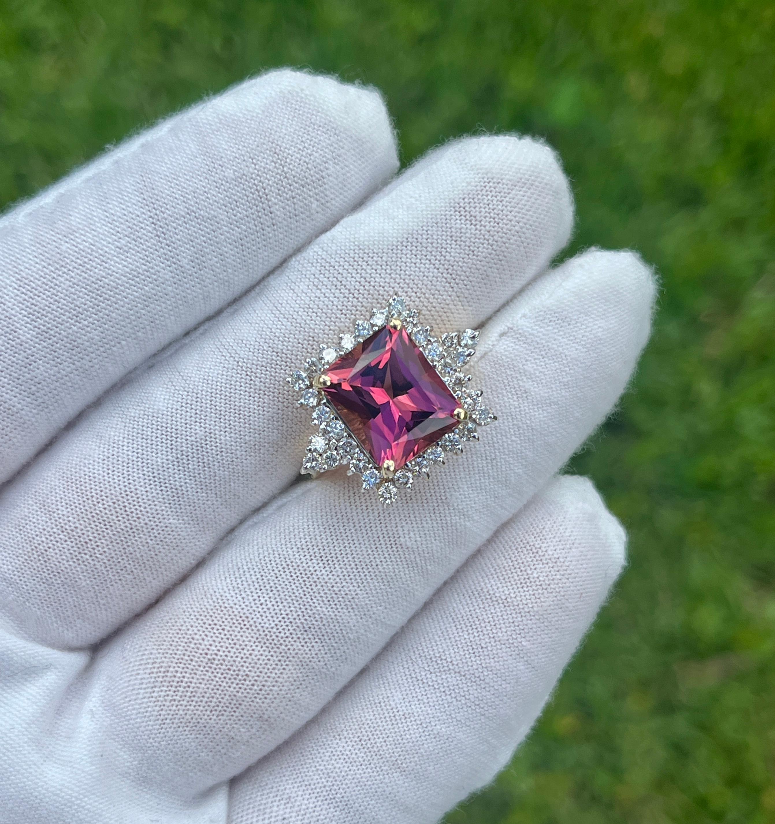 Women's Natural Vivid Pink 7 Carat Radiant Cut Tourmaline Ring With Diamonds in 18K Gold For Sale