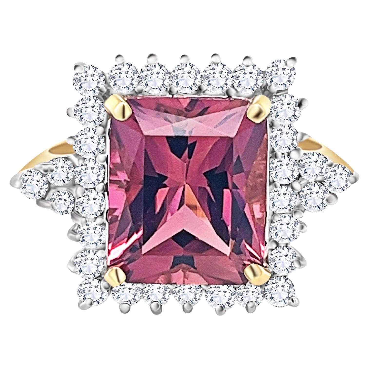 Natural Vivid Pink 7 Carat Radiant Cut Tourmaline Ring With Diamonds in 18K Gold For Sale
