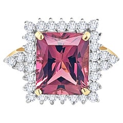 Used Natural Vivid Pink 7 Carat Radiant Cut Tourmaline Ring With Diamonds in 18K Gold